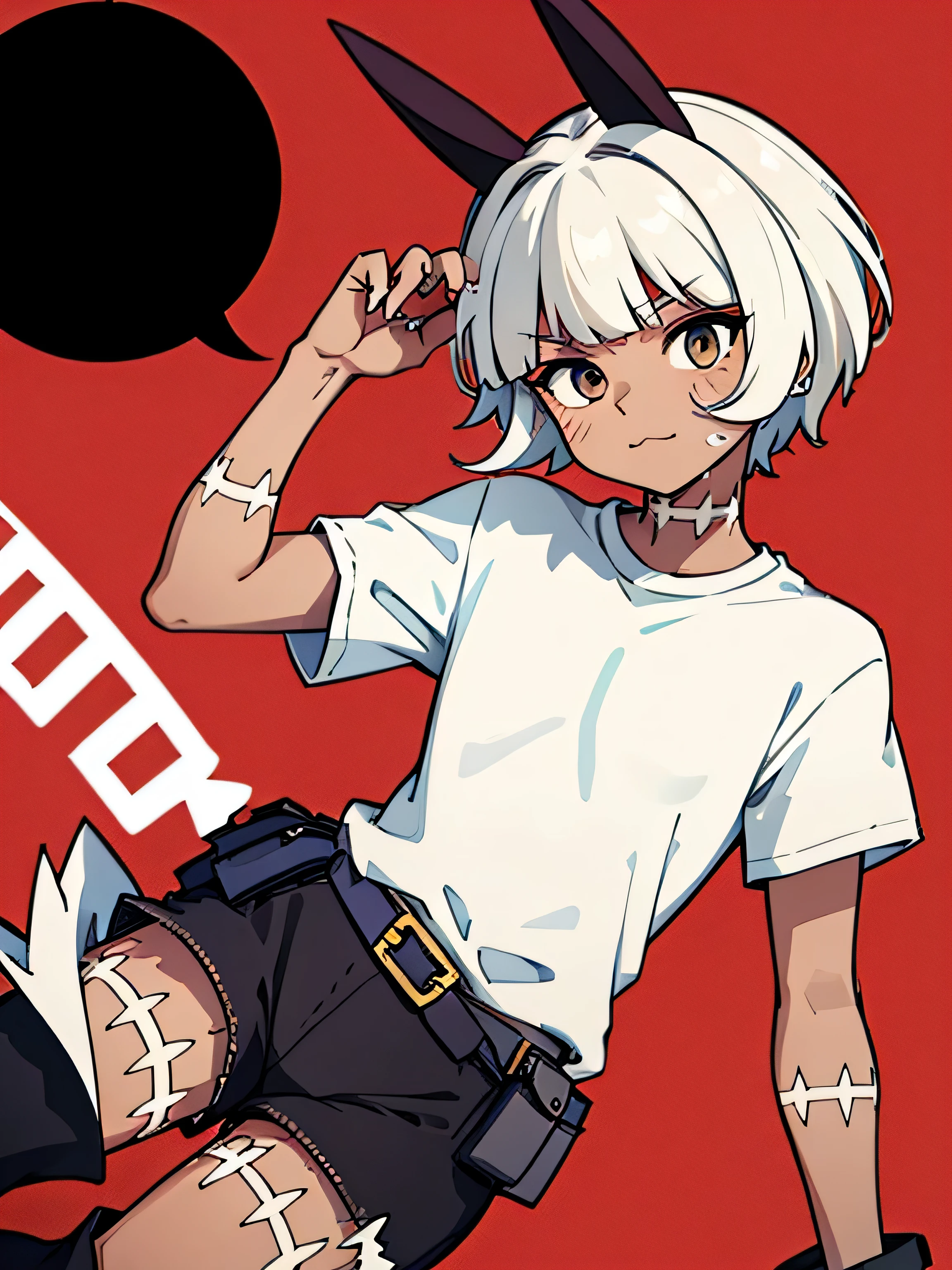 A somewhat feminine boy, Brown eyes, white hair, Brown skin, with a white t-shirt with black details and black shorts