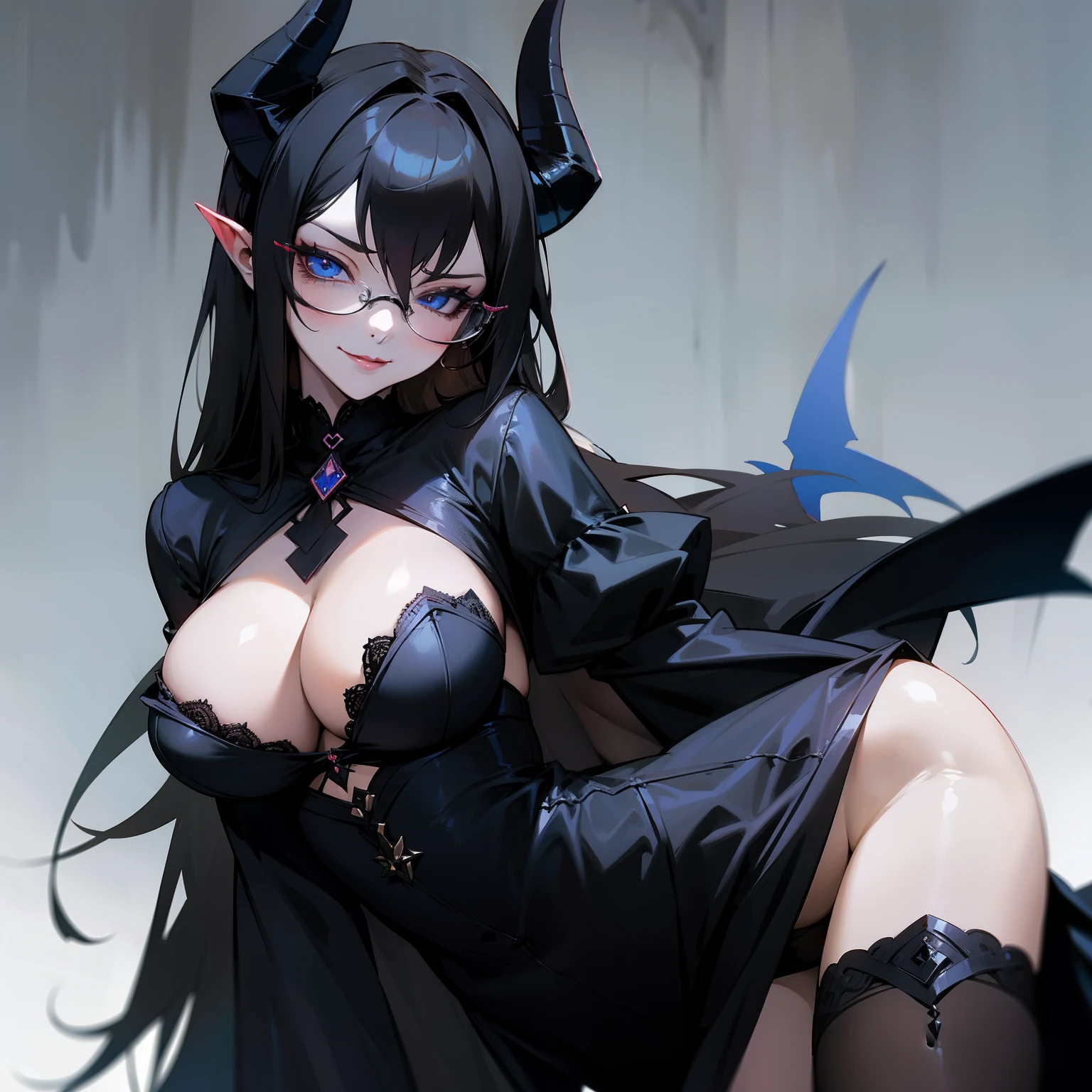 seductive gothic lady with ample bosom and wearing slutty , glasses, devil horns, black color scheme, black hair, blue eyes, smirk, BARE ASS