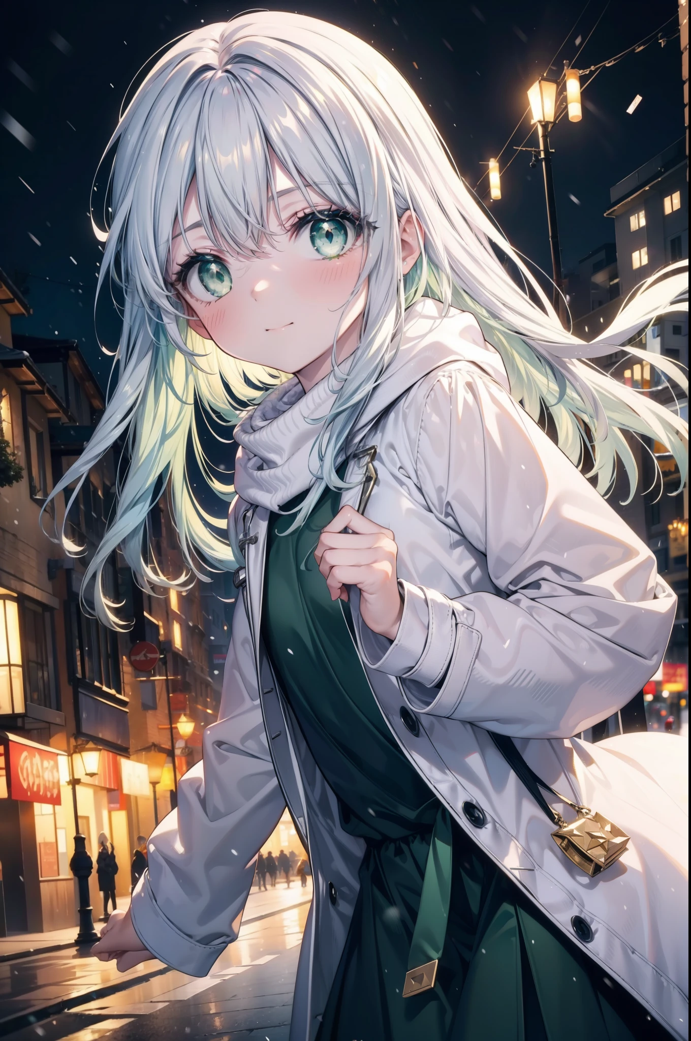 index, index, (green eyes:1.5), silver hair, long hair, (flat chest:1.2),Cat ear,cat tail,blush,smile,open your mouth,gray handbag,yellow long coat, white hoodie, black long skirt,black pantyhose,Mini Boots,winter,night,cold sky,snow is scattered,It&#39;s snowing,background　big christmas tree,
break looking at viewer, Upper body, whole body,
break outdoors, In town,building street,
break (masterpiece:1.2), highest quality, High resolution, unity 8k wallpaper, (figure:0.8), (detailed and beautiful eyes:1.6), highly detailed face, perfect lighting, Very detailed CG, (perfect hands, perfect anatomy),