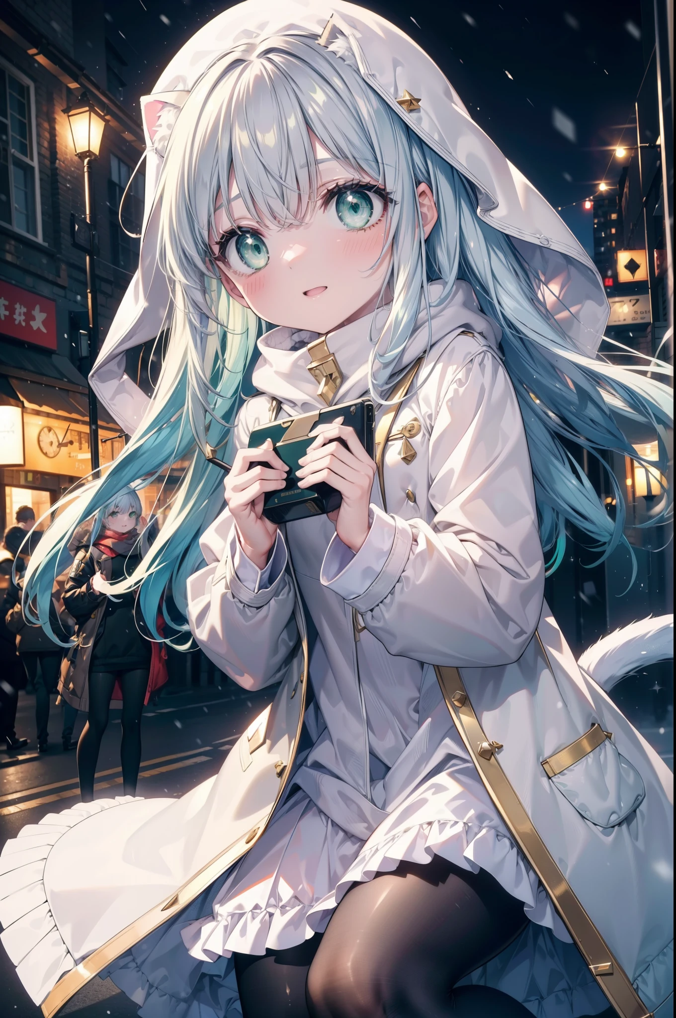 index, index, (green eyes:1.5), silver hair, long hair, (flat chest:1.2),Cat ear,cat tail,blush,smile,open your mouth,gray handbag,yellow long coat, white hoodie, black long skirt,black pantyhose,Mini Boots,winter,night,cold sky,snow is scattered,It&#39;s snowing,background　big christmas tree,
break looking at viewer, Upper body, whole body,
break outdoors, In town,building street,
break (masterpiece:1.2), highest quality, High resolution, unity 8k wallpaper, (figure:0.8), (detailed and beautiful eyes:1.6), highly detailed face, perfect lighting, Very detailed CG, (perfect hands, perfect anatomy),