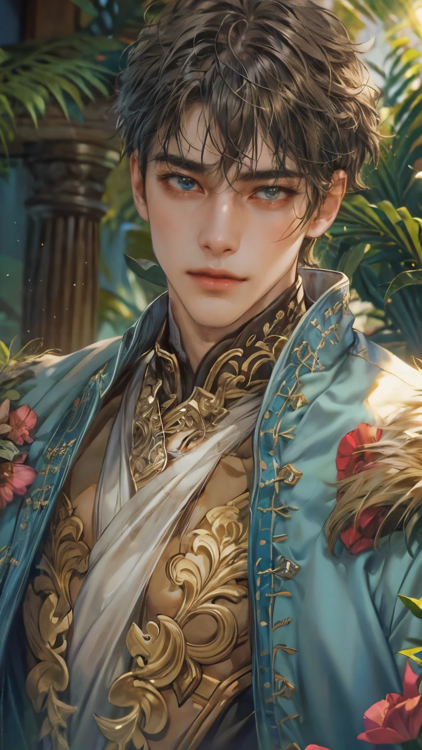 (absurdres, highres, ultra detailed, HDR), masterpiece, intricate details, best quality close-up picture of King perseus in his younger age with a perfect face, smirks, a boy with handsome looks, cool royale outfit, short hair, anime eyes, matured , fantastic outfit showing chest, crop top, detailed Philippines interiors, window beach scenery, detailed character, art kenouji