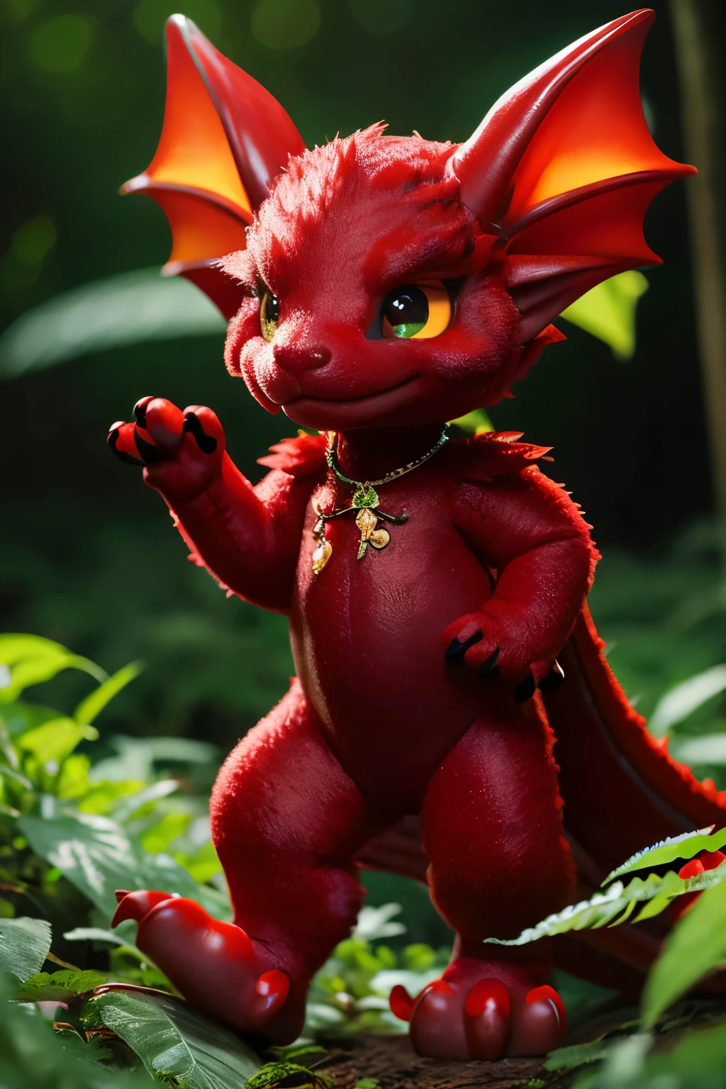 full body picture of a realistic and detailed of a glossy, luminiscent cute ruby that resembles a dragon creature in a forest