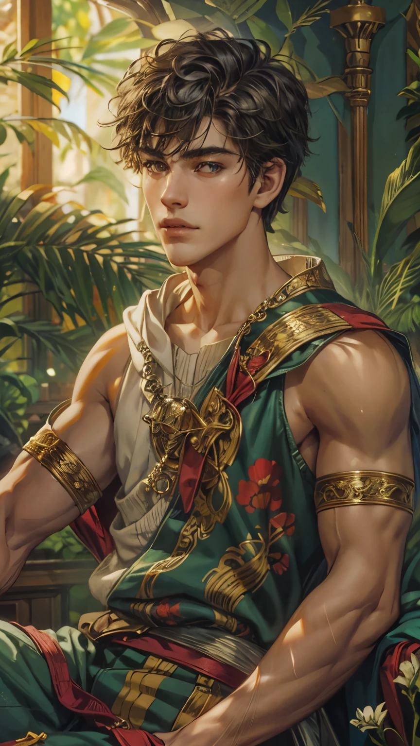 (absurdres, highres, ultra detailed, HDR), masterpiece, intricate details, best quality close-up picture of King perseus in his younger age with a perfect face, smirks, a boy with handsome looks, cool royale outfit, short hair, anime eyes, matured teen, fantastic outfit showing chest, crop top, detailed Philippines interiors, window beach scenery, detailed character, art kenouji