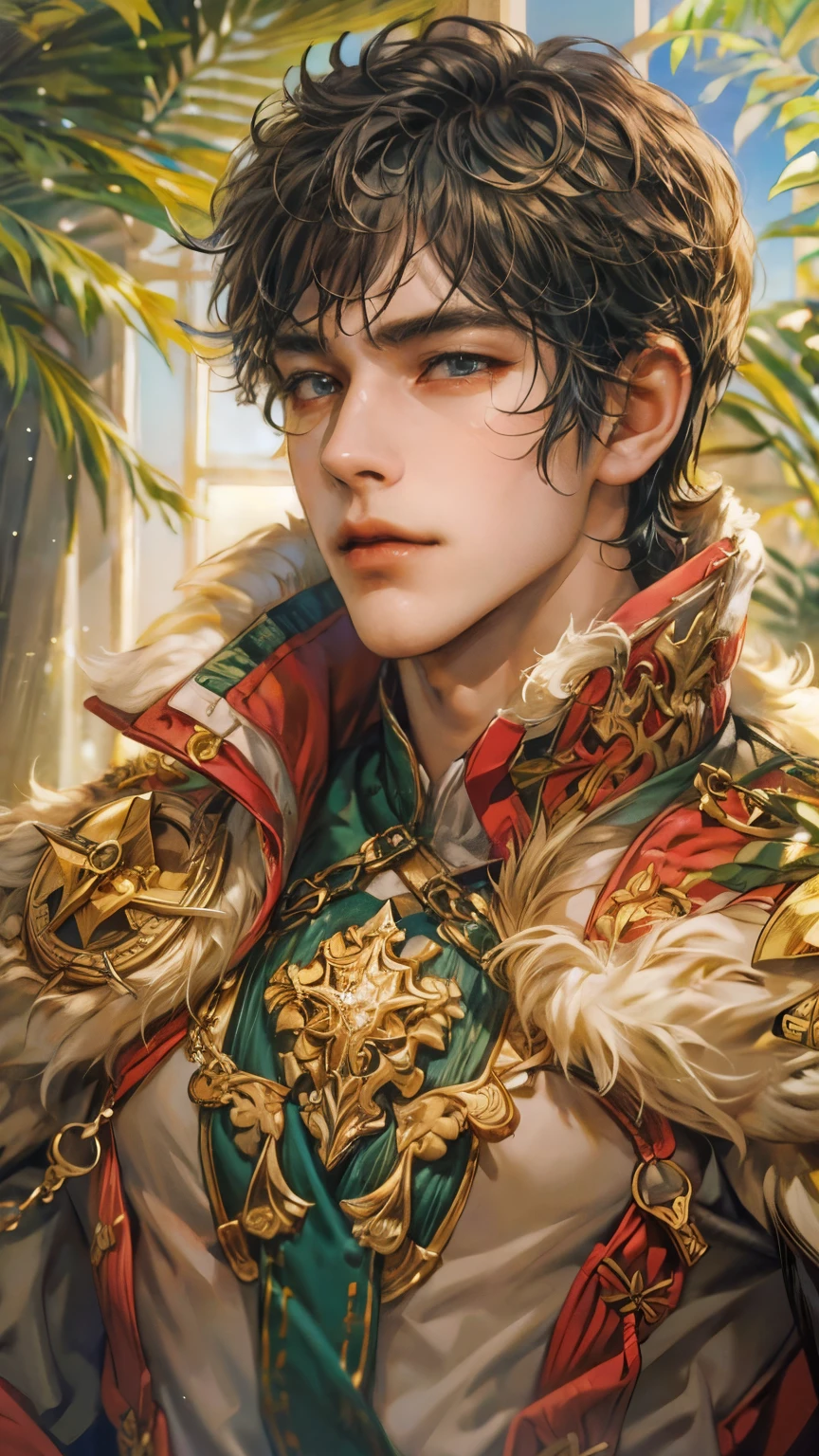 (absurdres, highres, ultra detailed, HDR), masterpiece, intricate details, best quality close-up picture of King perseus in his younger age with a perfect face, smirks, a boy with handsome looks, cool royale outfit, short hair, anime eyes, matured teen, fantastic outfit showing chest, crop top, detailed Philippines interiors, window beach scenery, detailed character, art kenouji