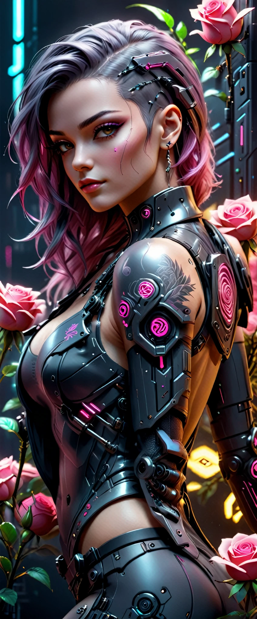 a close-up:1.4, ((dark gray panel width borders:1.5, a sensual and beautiful young woman trying to get out of the panel:1.5)), sensual smile, with a tattoo on her arm and cheek cyberpunk hairstyle with a lock of pink hair, beautiful cyberpunk girl, beautiful cyberpunk girl face, dreamy cyberpunk girl, ultra-realistic cyberpunk art 8k, cyberpunk 20 years old. or model girl, beautiful cyberpunk woman model, The portrait of the cyberpunk girl, Highly detailed 32k digital art, beautiful digital artwork, Cyborg Cyberpunk. roses, realistic 8k digital art, soft neon lighting on the face and body