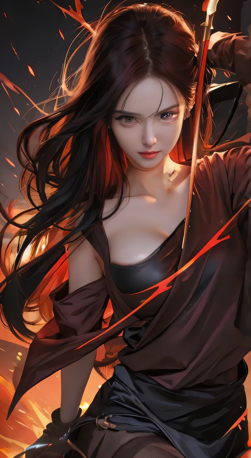 Masterpiece, ultra detail, anime girl with red hair and black dress holding a sword, by Yang J, extremely detailed artgerm, style artgerm, artgerm. anime illustration, artgerm and atey ghailan, style of artgerm, artgerm and rossdraws, black - haired mage, artgerm on artstation pixiv, big breast, beautiful nipples, nipples sticking out of clothes, badass anime 8 k , 27age, beautiful face, beautiful breast
