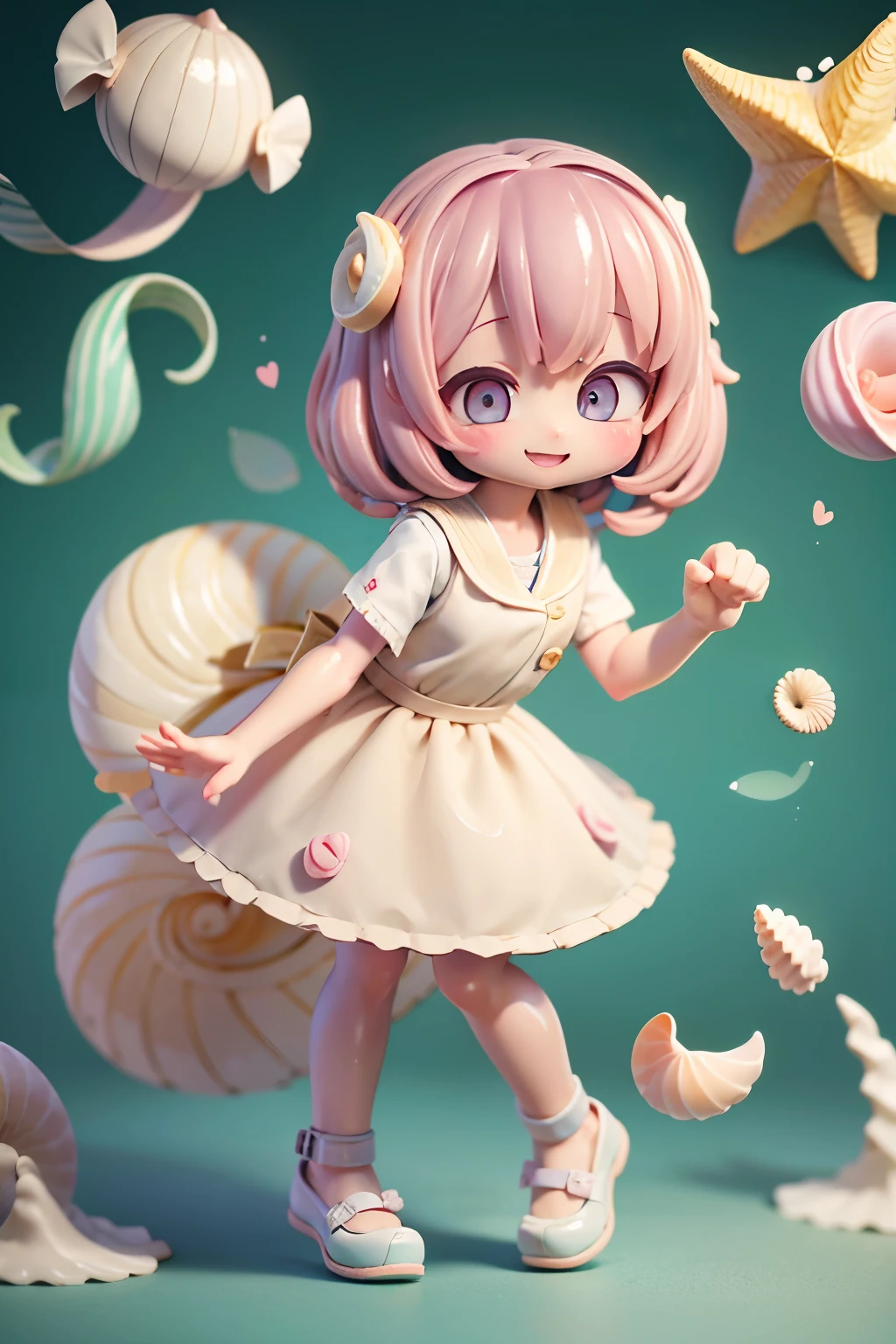 Photoreal、whole body、Chibi Musume、Seashell Accessories、smile、cute shoes、collecting seashells