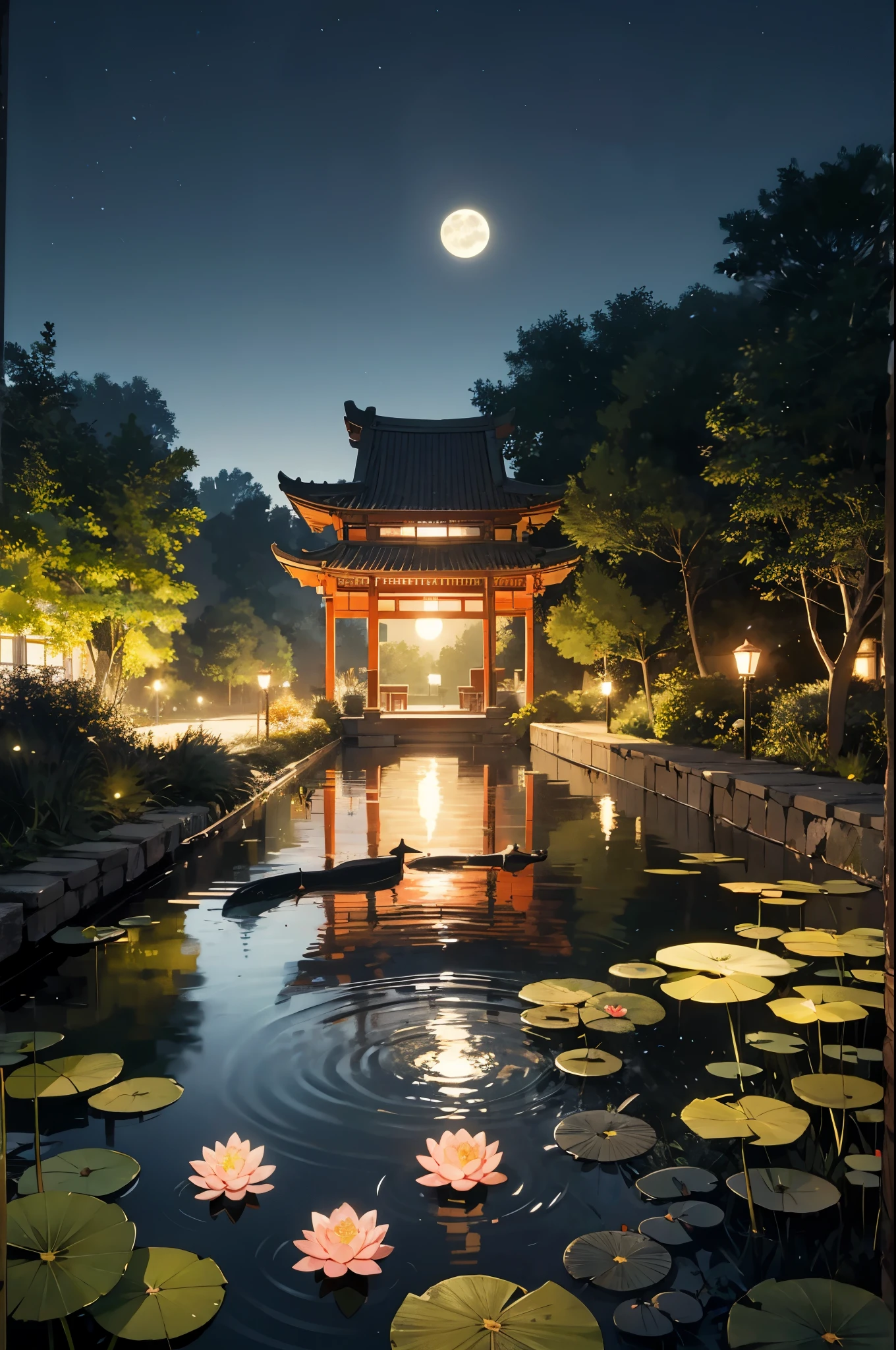 Lotus pond,night scene, moonlight,Evening Pond,Chinese style