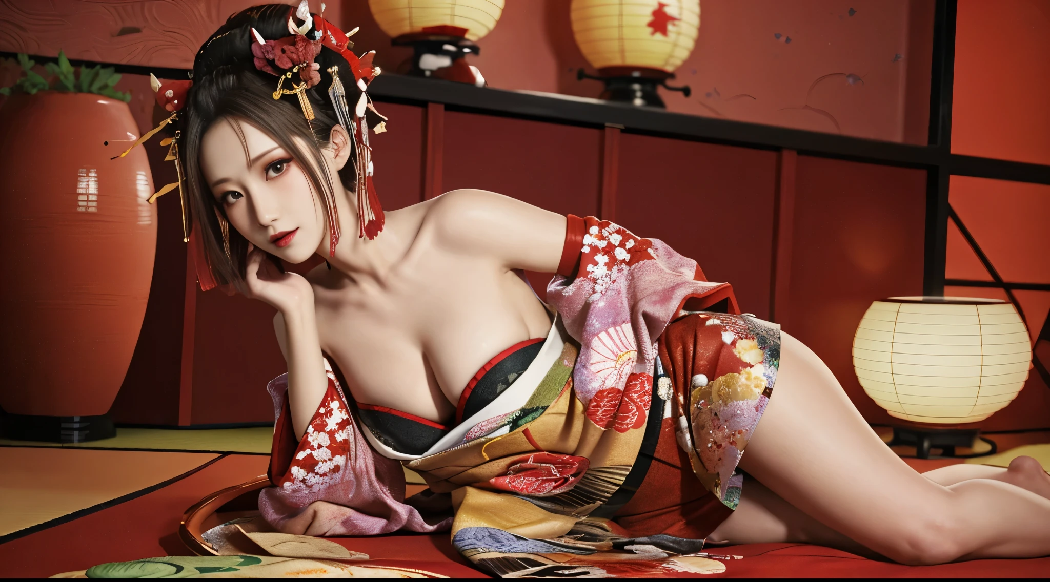 one,woman,red light district, Red light background,Oiran,beautiful Japan woman, kimono ,japanese hair , Skin Sleeves, obi, sagging chest, No bra, undulating proportions, beautiful butt, seductive pose, provocative smile, mature woman, night scene, indoor red light source, red light of lantern, Japanese private house interior decoration, tatami, Shoji, fusuma, masterpiece, Exquisite and artistic face, Highly detailed and expressive eyes, shiny hair, Highly detailed face and skin texture, highly detailed skin with pores, Detailed hand explanation, Detailed explanation of legs, 8K,  16K,highest quality,  movie lighting, dramatic lighting, realistic, Detailed CG, physical rendering, Super realistic, Realistic and realistic texture, unreal engine 5, dynamic angle,