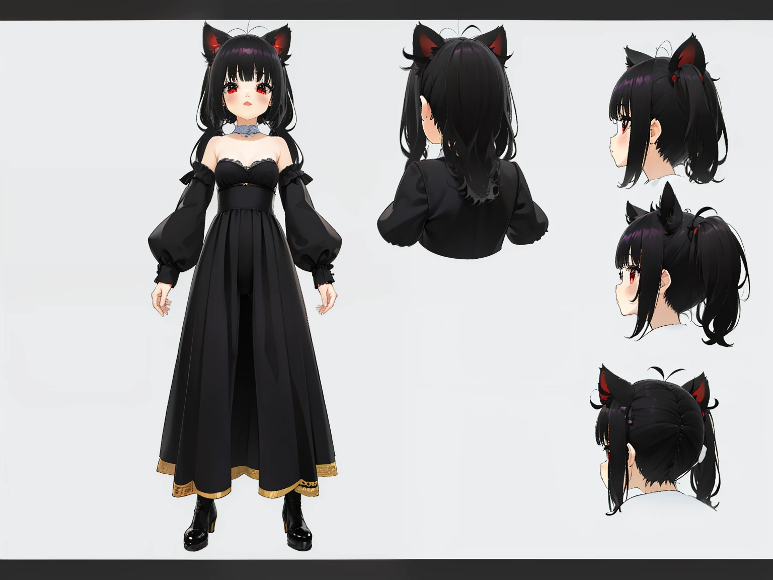 ((Mejor calidad)), ((obra maestra)), ((realista)) 19 years old ,((long hair slightly wavy slightly past the shoulders, black bangs, small black pigtails on the sides, cute cat ears, beautiful thin red eyes)), cara un poco relajada a cuadros ((esbelto)) (tetona), ((( mono blanco ))) (( lingerie )) ((sexy )) corte de pelo de duendecillo texturizado (((detallado character sheet, vista frontal, vista lateral, vista de tres cuartos))) (((Fondo blanco))) 6 cabezas y media cuerpo completo, detallado