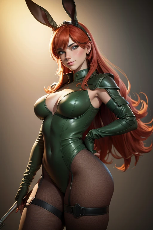 (best quality, 8k, ultra-detailed, realistic:1.37), woman wearing a militar camouflage dress,rabbit ears tiara,red hair,fake eyelashes,fleshy lips,looking to observer, little smile,light green pantyhose,Paolo Serpieri Arte, Luis Royo Arte, milo manara arte, Arte de Bernie Wrightson, holding one beer glass, portraits, vivid colors, soft lighting,SCENARIO florish florest background