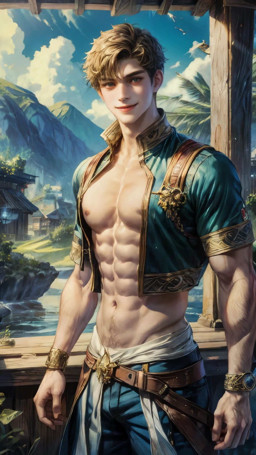 (((Ultra detailed, high quality: 1.5, Ultra HD 8k photo, Soft photo)))(absurd, A high resolution, Super detailed, hdr), Masterpiece, Best quality , Portrait of a guy, Handsome guy with red eyes, Detailed face, Professional photo, (Shirtless man), Leaning comfortably, exposed legs, (puffy nipples (From below) :1.1)), Focus on your audience,20 year old guy, Handsome guy, [Toned body],Transparent white shirt,Abs,chest muscles,((white underwear : 1)), puffy, white shoes, long hair, light blue hair, (Blue eyes), hat, (Church, Green field, Flowers, Trees, Sky, Light, Clouds
