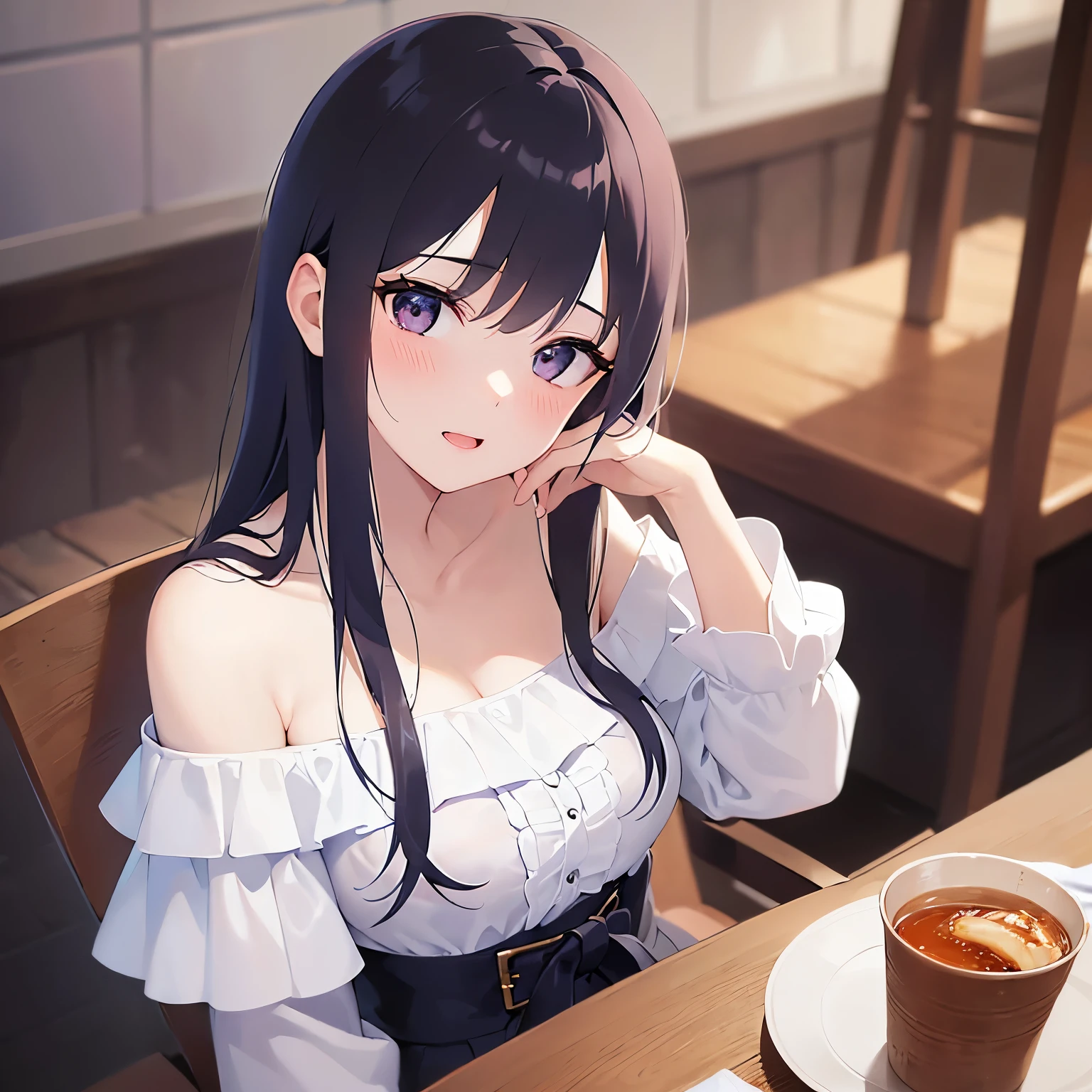 cleavage、head tilt, Realistic, real person, (pale skin: 1.2), RAW photo, photorealistic, shiny skin, shiny hair、(A 25-year-old woman with medium-length hair and bangs) and (wavy hair) and (brown hair) and (Orange Eyes) , (white) and (off shoulder blouse) 、(blush:1.3), smile、Alone、Sitting、Dining table in the background、(night:1.5)