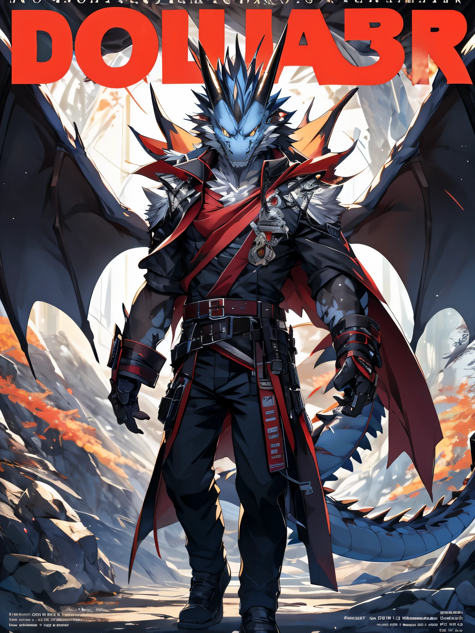 furry, male, anthro, (Dragon Tail), Solo, dragon wings, (Realistic eye details:1.2), (beautiful detailed eyes), anime character, there is a Dragon man with a sword and a cape on a cover of a magazine, anime cover, furry anthro magazine cover, magazine cover book with the title Deyfur, from arknights, high detailed official artwork, official artwork, arknights, ssss.Dragonman, hq artwork, best anime 4k konachan wallpaper, official artbook, illustration, official anime artwork, no type, anime style. 8k, 4k anime wallpaper, anime art wallpaper 8 k, 2 d art, 2d art, badass anime 8 k, by Yuumei, anime art wallpaper 4k, full body like, slim body, in a panoramic view, good looking