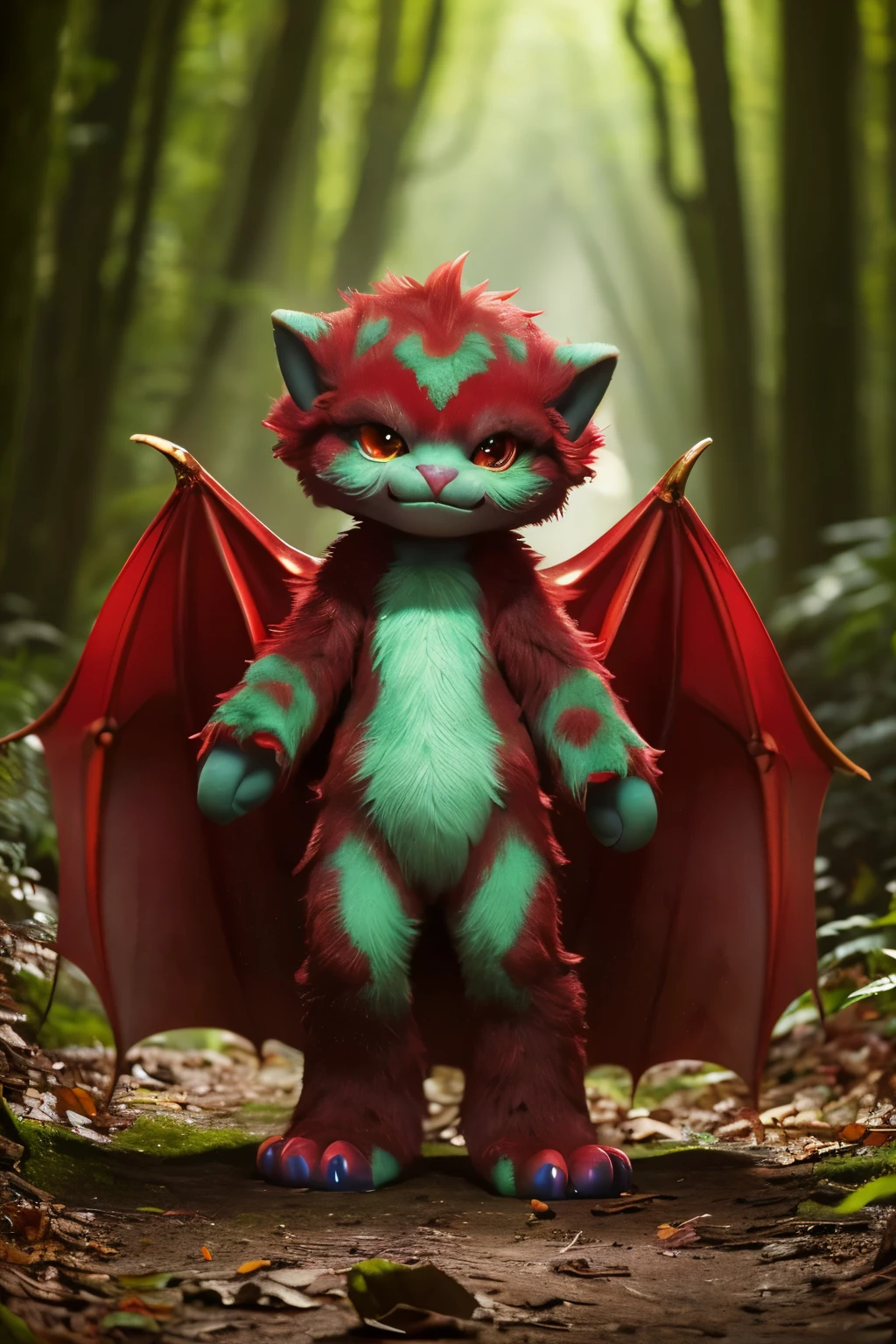 full body picture of a realistic and detailed of a glossy, luminiscent cute ruby that resembles a dragon creature in a forest