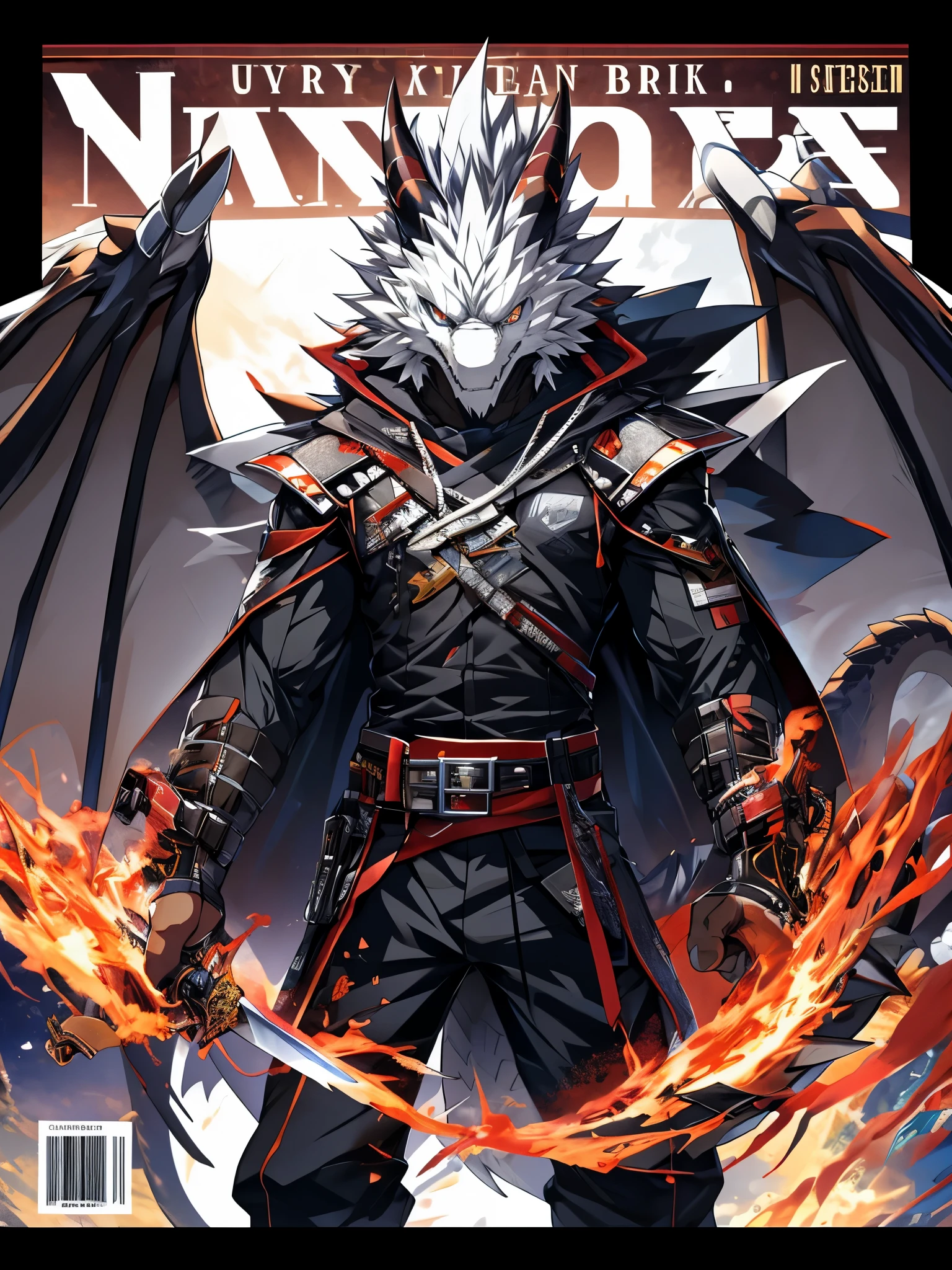 furry, male, anthro, (Dragon Tail), Solo, dragon wings, (Realistic eye details:1.2), (beautiful detailed eyes), anime character, there is a Dragon man with a sword and a cape on a cover of a magazine, anime cover, furry anthro magazine cover, magazine cover book with the title Deyfur, from arknights, high detailed official artwork, official artwork, arknights, ssss.Dragonman, hq artwork, best anime 4k konachan wallpaper, official artbook, illustration, official anime artwork, no type, anime style. 8k, 4k anime wallpaper, anime art wallpaper 8 k, 2 d art, 2d art, badass anime 8 k, by Yuumei, anime art wallpaper 4k, full body like, slim body, in a panoramic view, good looking