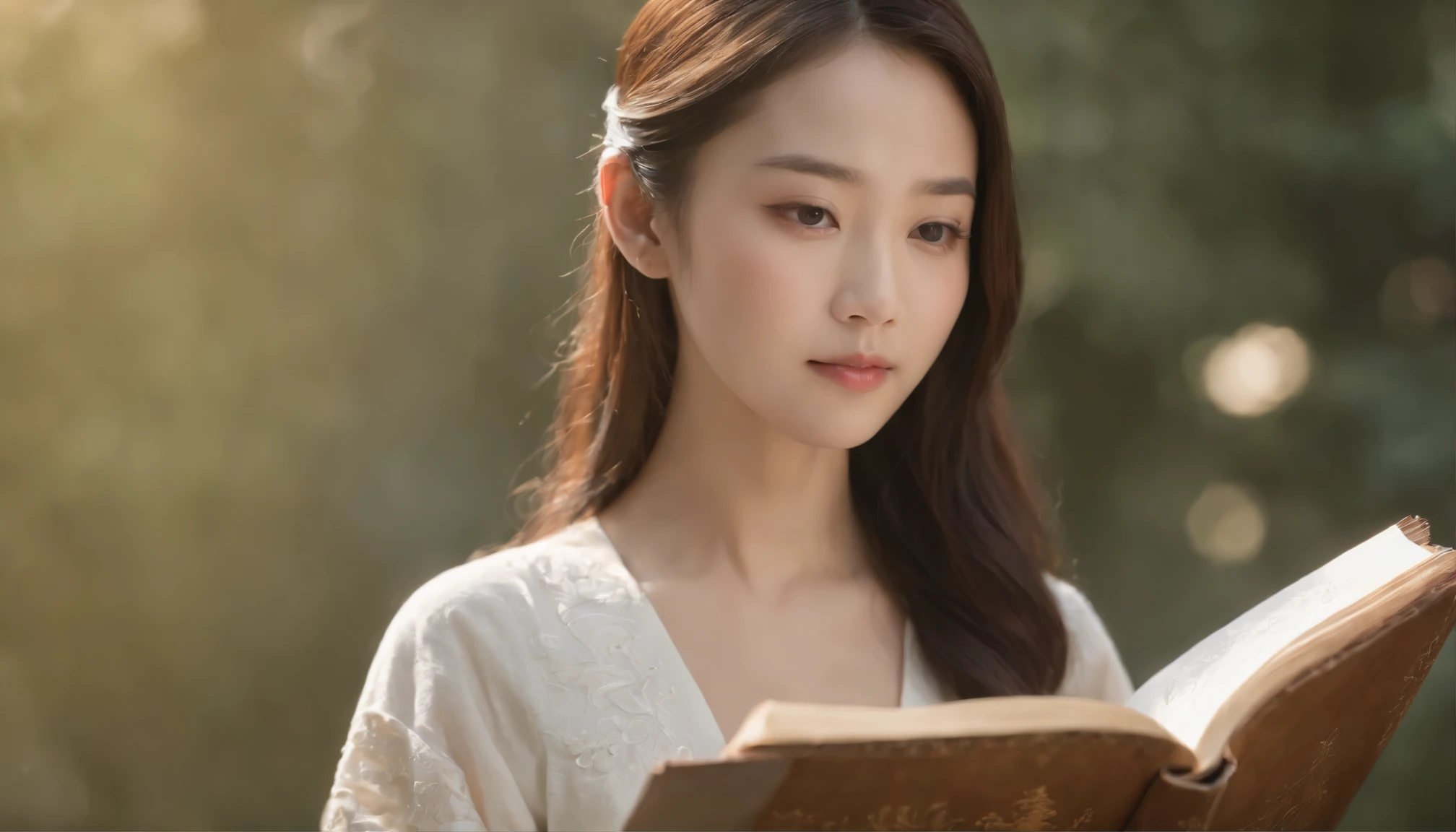 (Best Quality,Ultra-detailed,realisitic:1.37),portrait of a,Chinese women reading tranditional budha scriptures, tranquil expression,wisdom,subtle textures,Contemplative atmosphere,Beautiful picture book,Highlighted features:Eyes in focus, eyes open, serious,,Sunlight shining, Quiet surroundings,serene ambiance,