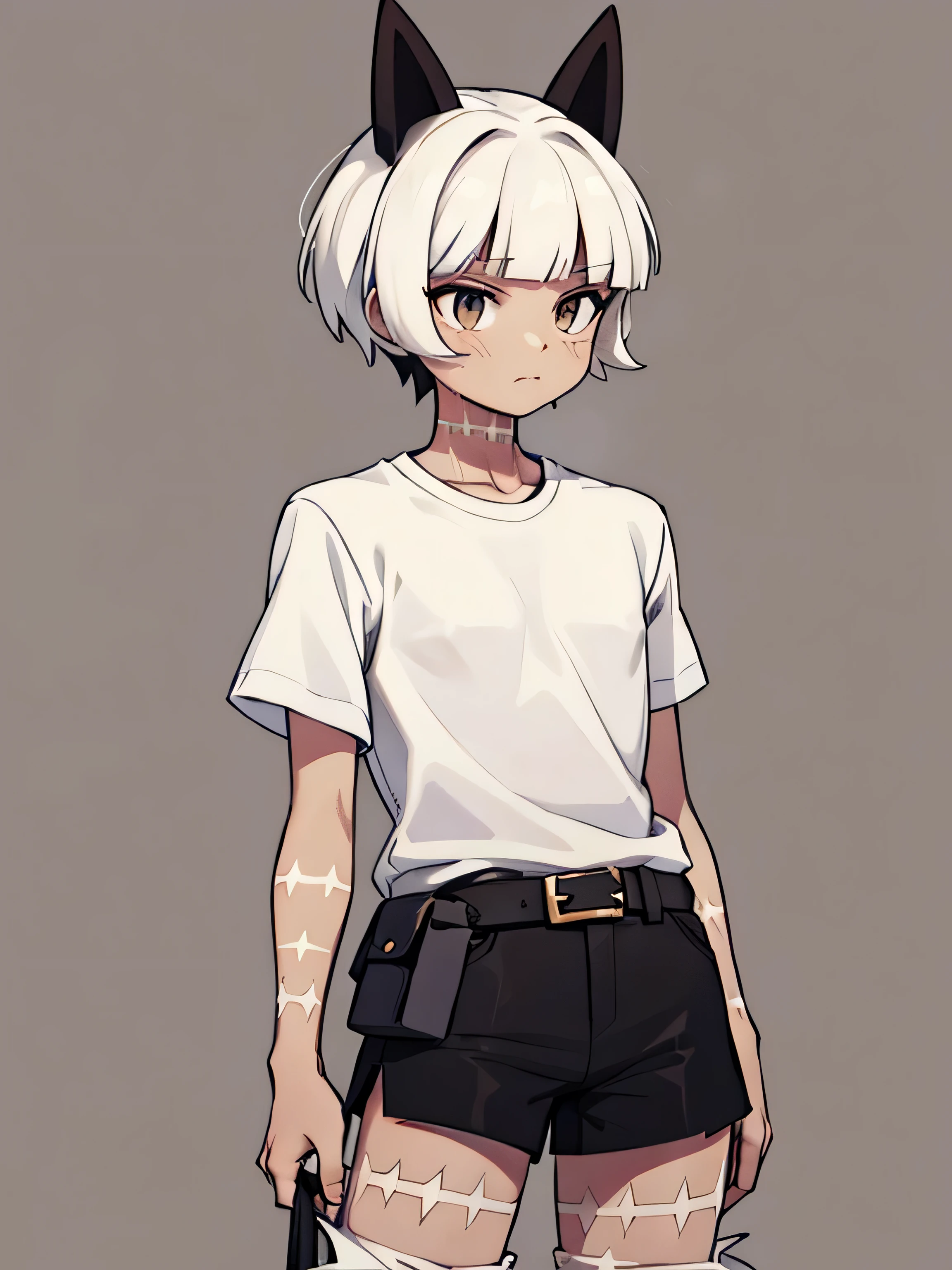 A somewhat feminine boy, Brown eyes, white hair, Brown skin, with a white t-shirt with black details and black shorts, un poco inexpresivo 