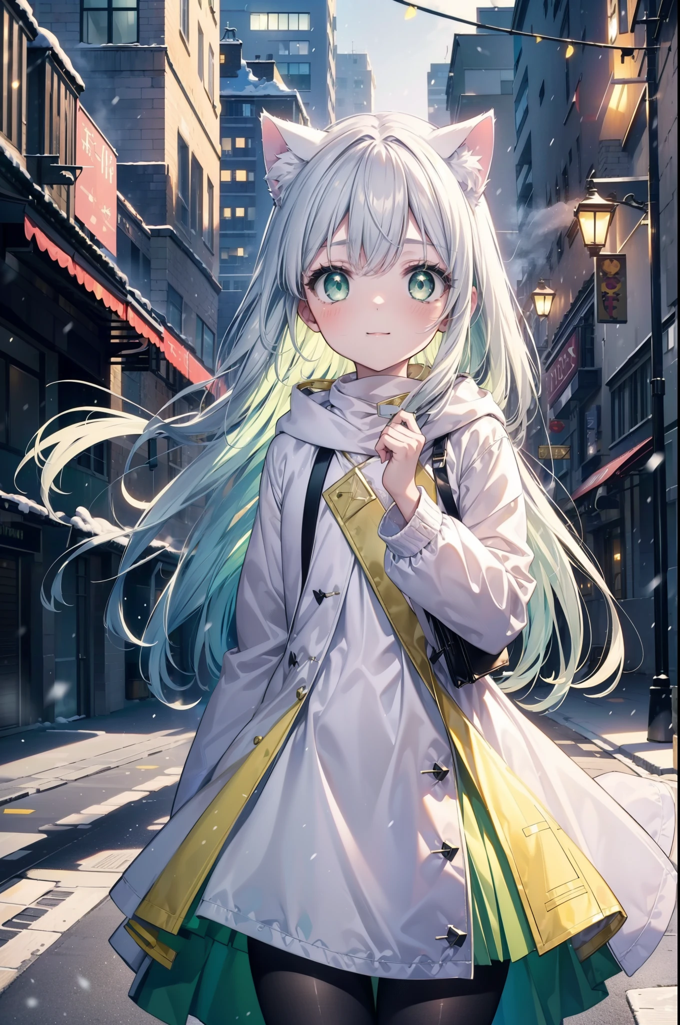 index, index, (green eyes:1.5), silver hair, long hair, (flat chest:1.2),Cat ear,cat tail,blush,smile,open your mouth,gray handbag,yellow long coat, white hoodie, black long skirt,black pantyhose,Mini Boots,winter,night,cold sky,snow is scattered,It&#39;s snowing,background　big christmas tree,
break looking at viewer, Upper body, whole body,
break outdoors, In town,building street,
break (masterpiece:1.2), highest quality, High resolution, unity 8k wallpaper, (figure:0.8), (detailed and beautiful eyes:1.6), highly detailed face, perfect lighting, Very detailed CG, (perfect hands, perfect anatomy),