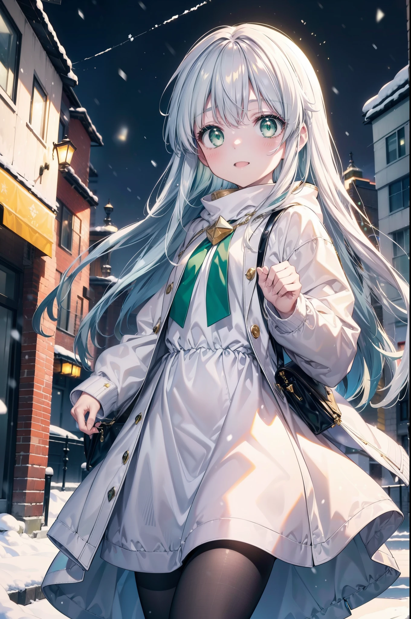 index, index, (green eyes:1.5), silver hair, long hair, (flat chest:1.2),Cat ear,cat tail,blush,smile,open your mouth,gray handbag,yellow long coat, white hoodie, black long skirt,black pantyhose,Mini Boots,winter,night,cold sky,snow is scattered,It&#39;s snowing,background　big christmas tree,
break looking at viewer, Upper body, whole body,
break outdoors, In town,building street,
break (masterpiece:1.2), highest quality, High resolution, unity 8k wallpaper, (figure:0.8), (detailed and beautiful eyes:1.6), highly detailed face, perfect lighting, Very detailed CG, (perfect hands, perfect anatomy),