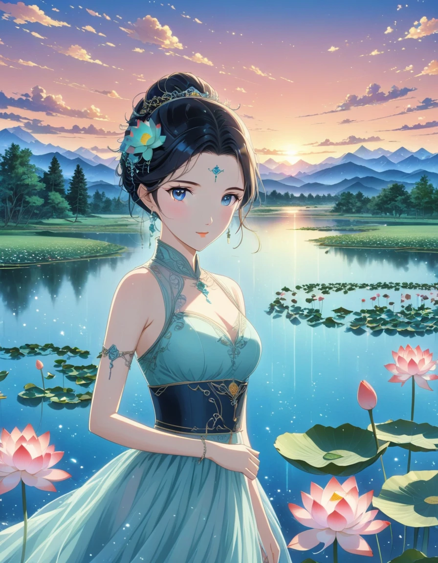 dusk landscape, sunset,pond,{masterpiece},{best quality},{1 girl}, Lovely, Astonishing, short hair, black hair,fine details,depth of field,Extremely detailed CG,The original, Very detailed wallpaper,