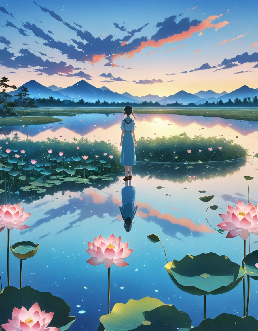 dusk landscape, sunset，pond，masterpiece, Japanese cartoons, kawaii, Lovely, Romantic, best quality, 2other, couple, Mature, aldult, height difference, different fashion, different color, Casual Wear, long sleeve, Smile, happy, like, whirlwind, blue sky, long hair man, light brown hair man, dark haired woman, dark haired woman  