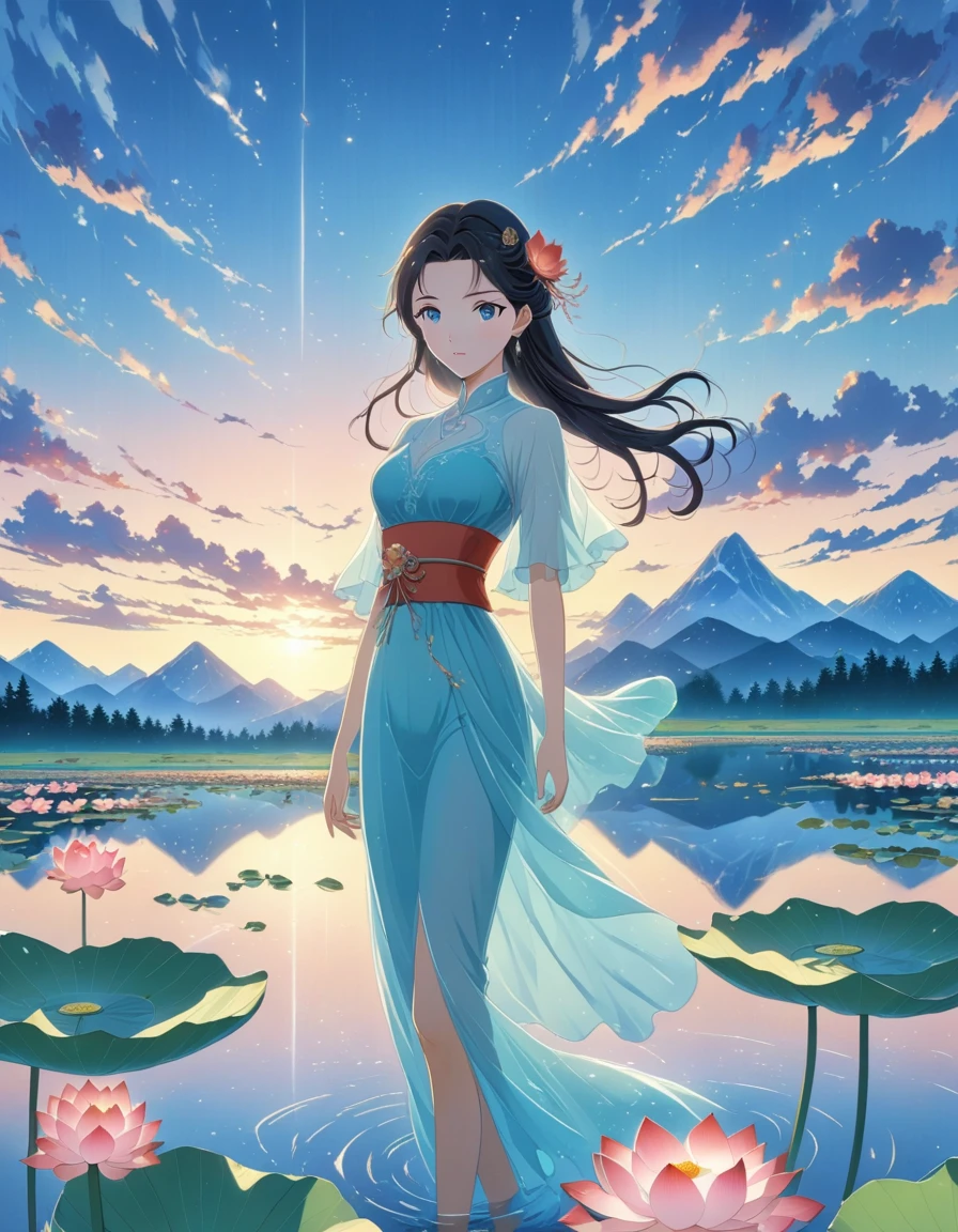 dusk landscape, sunset，pond，masterpiece, Japanese cartoons, kawaii, Lovely, Romantic, best quality, 2other, couple, Mature, aldult, height difference, different fashion, different color, Casual Wear, long sleeve, Smile, happy, like, whirlwind, blue sky, long hair man, light brown hair man, dark haired woman, dark haired woman  