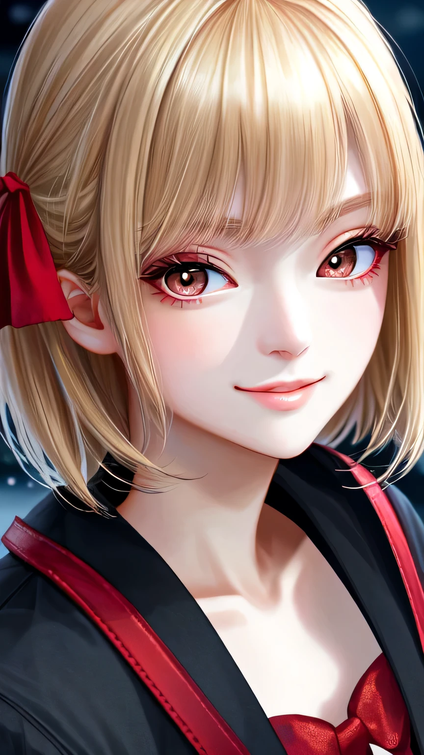 high quality, 最high quality, masterpiece, disorganized, red_Jacket, ribbon, black_eye, blonde_hair, short_hair, hair_ribbon, smile, 1 girl, torn clothes, Cloth, Dense and beautiful black eyes, beautiful detailed lips, Highly detailed eyes and face, long eyelashes, detailed face, masterpiece, 最high quality, high quality, High resolution, (moonlit night background), Click here for eye line、(((close up of face)))