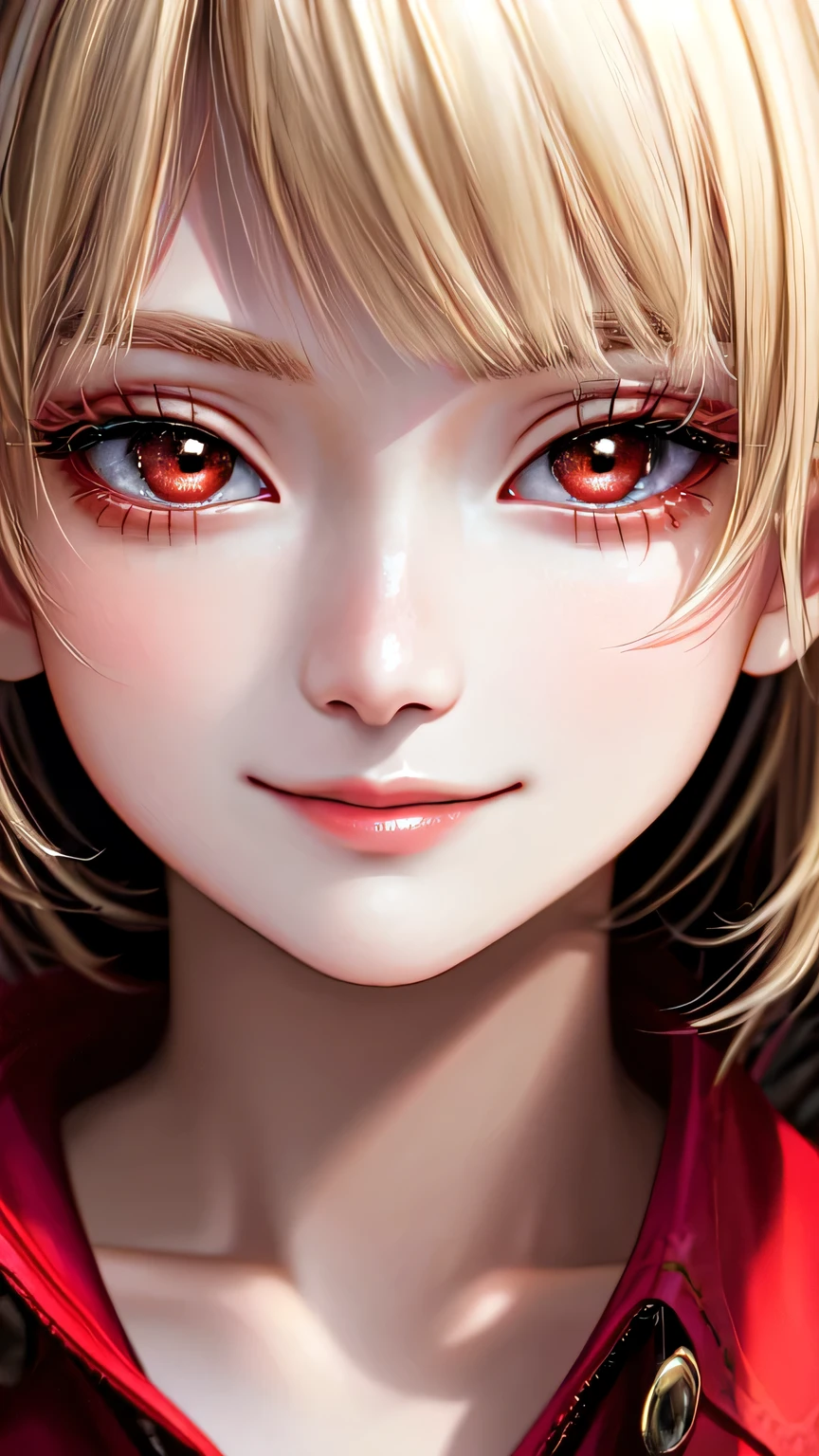 high quality, 最high quality, masterpiece, disorganized, red_Jacket, ribbon, black_eye, blonde_hair, short_hair, hair_ribbon, smile, 1 girl, torn clothes, Cloth, Dense and beautiful black eyes, beautiful detailed lips, Highly detailed eyes and face, long eyelashes, detailed face, masterpiece, 最high quality, high quality, High resolution, (moonlit night background), Click here for eye line、(((close up of face)))