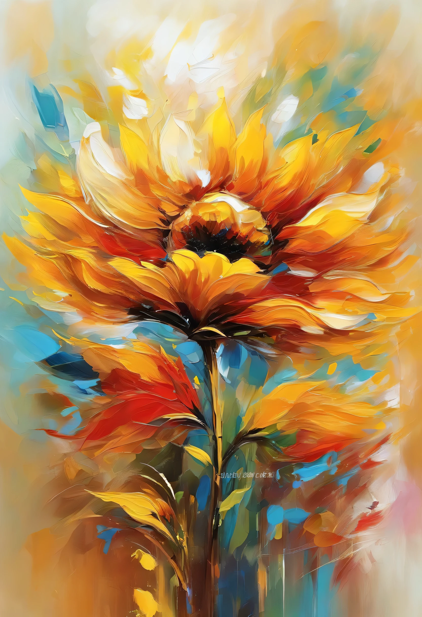 Paint an abstract painting of flowers., golden sunflower flower、Use acrylic paint、abstract artist known for his unique use of acrylic pouring, real brush strokes，Aesthetic composition，simple style, strong, wide brush stroke、Create captivating works of art，Capturing the Essence of Abundance and Joy。、 The main color of the work is bright、warm color palette., add moisture, compacted sand、Enhance the textural and tactile elements of your artwork。, when seeing this photo, go out、interplay of color and texture、Immerse yourself in the atmosphere of happiness、happiness oriented