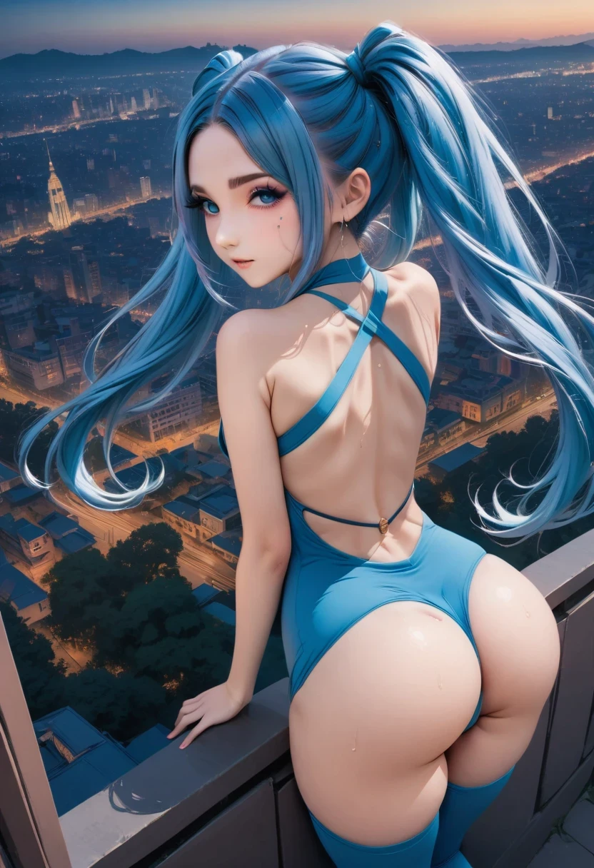 (best quality,4k,8k,highres,masterpiece:1.2),ultra-detailed, aisha hanabi, blue hair, pigtails on the sides, freckle under the eye, dressed in a red and withe Sweat Suits with women's boots, leggings, sexy, flat chest, on the balcony of the tallest building in the city, taking in the view of the city, its people, the traffic, the surrounding buildings, art deco style, India, magical starry sky, clouds, freedom expresion by her back, zentangle sky, body bent, ass close up