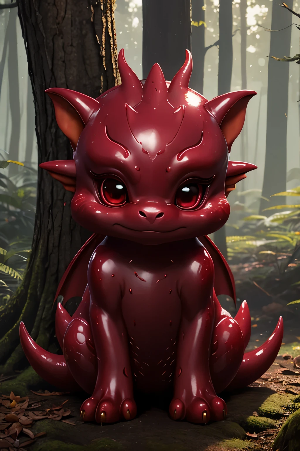 full body picture of a realistic and detailed of a glossy, luminiscent cute ruby that resembles a dragon creature in a forest
