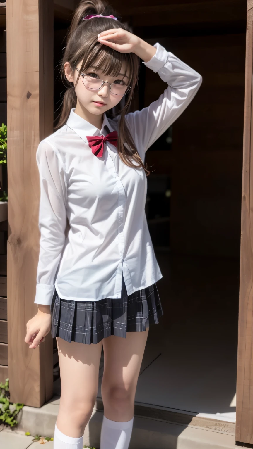 (8K、生photographgraphy、highest quality、masterpiece:1.2),show、black pantyhose,absurd,small face,(raise your arms、脇の下をshow)、(stretch)、前hairを真ん中から分けます、I can see the forehead,(きついeye,strong,skinny,skinny,I get irritated)、masterpiece,highest quality、超A high resolution,生photograph,only,beautiful feces,one person, one personで,Glasses,,dark look,whole body,丸Glasses、cute、japanese woman,Are standing,(きついeye,strong,skinny、(Photoreal:1.37)、photon mapping,light blue ribbon,realistic、cutesmall face,茶色のeye、black socks、(red bow tie)、radio city、物理ベースのonlyダリング、prospect、written boundary depth、blurred background、photograph,girl、body, long legs, thin legs,ponytail,(前hairが見える), hair, lips, green_eye, soft nose,white lingerie, Navy blue and white plaid pleated skirt, I can see your knees,thin clothes,, thigh, black cotton socks,Nogizaka Idol, , Japanese ID card、big breasts、Please expose your chest