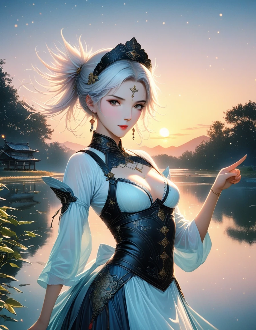 dusk landscape, sunset，pond，((16 Night Sakiya)), ((Oriental Project)), role play, 20 year old female, (((white hair)), ((medium spiky hair)), ((blue maid outfit)), ((White shirt)), Medium chest, (Light)))), (posture))), (Realistic photos: 1.3), rim Lighting, (High detail skin:1.2), 8K Ultra HD, DSLR camera, high quality, High resolution, 4K, 8K, Bokeh, absurd, The optimal ratio of four fingers to one thumb, (real:1.3), cutest 1 girl, many knives