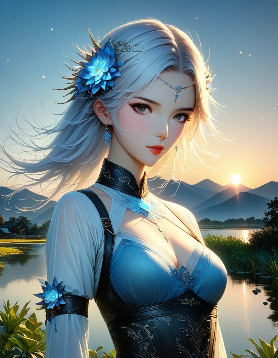 dusk landscape, sunset，pond，((16 Night Sakiya)), ((Oriental Project)), role play, 20 year old female, (((white hair)), ((medium spiky hair)), ((blue maid outfit)), ((White shirt)), Medium chest, (Light)))), (posture))), (Realistic photos: 1.3), rim Lighting, (High detail skin:1.2), 8K Ultra HD, DSLR camera, high quality, High resolution, 4K, 8K, Bokeh, absurd, The optimal ratio of four fingers to one thumb, (real:1.3), cutest 1 girl, many knives