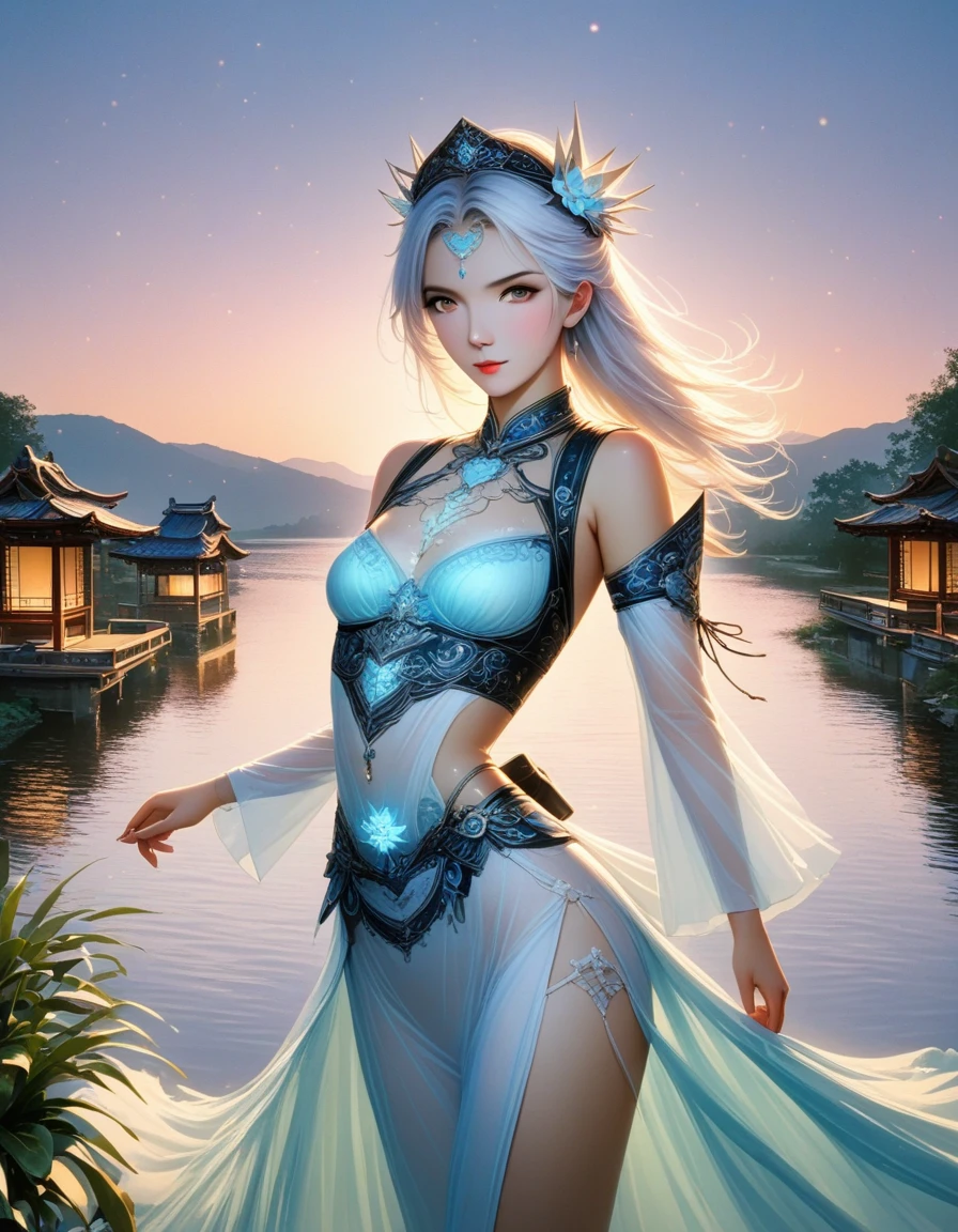 dusk landscape, sunset，pond，((16 Night Sakiya)), ((Oriental Project)), role play, 20 year old female, (((white hair)), ((medium spiky hair)), ((blue maid outfit)), ((White shirt)), Medium chest, (Light)))), (posture))), (Realistic photos: 1.3), rim Lighting, (High detail skin:1.2), 8K Ultra HD, DSLR camera, high quality, High resolution, 4K, 8K, Bokeh, absurd, The optimal ratio of four fingers to one thumb, (real:1.3), cutest 1 girl, many knives