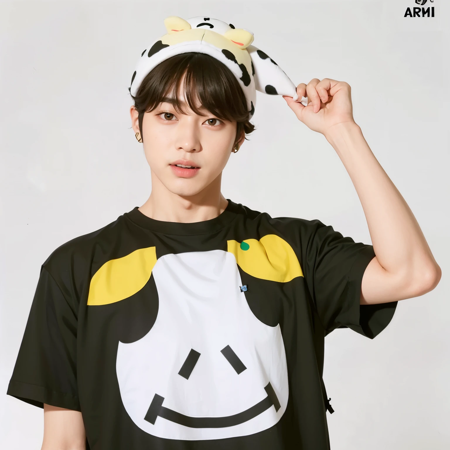 Arafy is wearing a cow t-shirt and a hat, Jungkook, hyung tae, taejune kim, Kim Doyoung, Parque Jimin, bt 2 1, bt21, Jimin, Hong junho hyung, Jinyoung Shin, hyung tae kim, vaca, adorable and pale korean face, amigo, ironic smile, jaeyeon nam, Sun Yunjoo