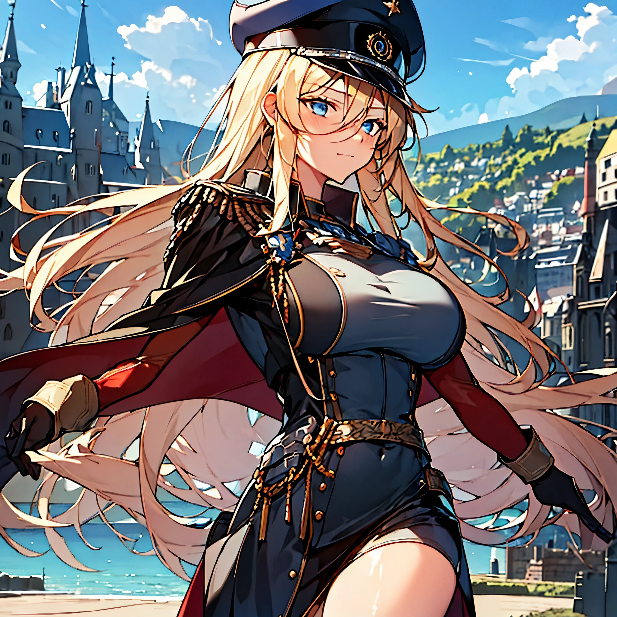 A woman wearing a custom military dress, military hat, big breasts, wearing a cape, long blonde hair, blue eyes, in the upper part of a German city, with the city in the background, perfect quality, masterpiece, ultra resolution, very detailed, 4k hd.
