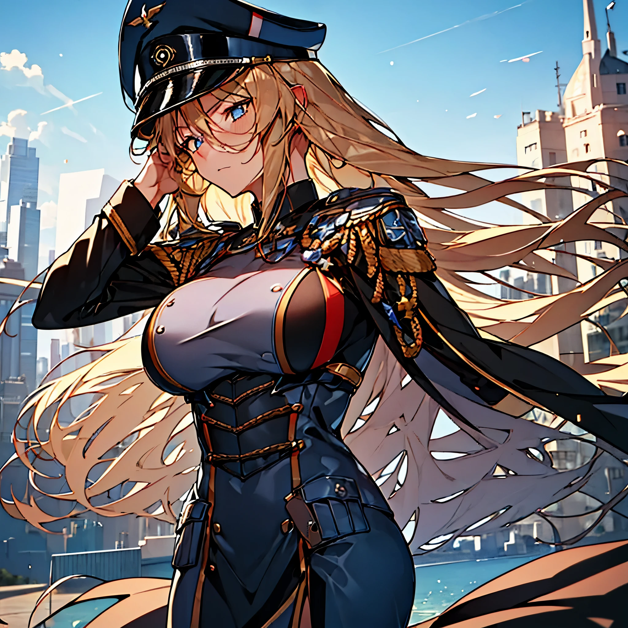 A woman wearing a custom military dress, military hat, big breasts, wearing a cape, long blonde hair, blue eyes, in the upper part of a German city, with the city in the background, perfect quality, masterpiece, ultra resolution, very detailed, 4k hd.
