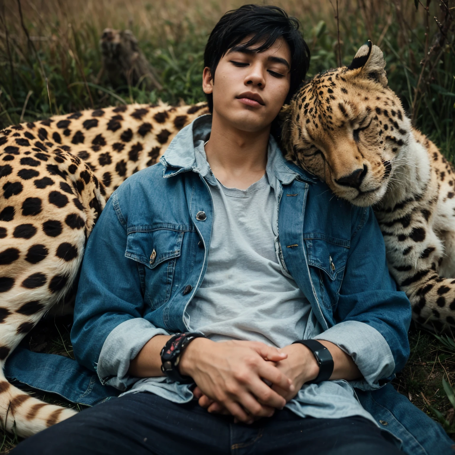 a full body photo of a young Indonesian man with a handsome face and clean blue hair wearing jeans sleeping with his eyes closed with a very large cheetah, the atmosphere in the cool grassland, UHD, very real, digital art, perfect, realistic HD, very real.