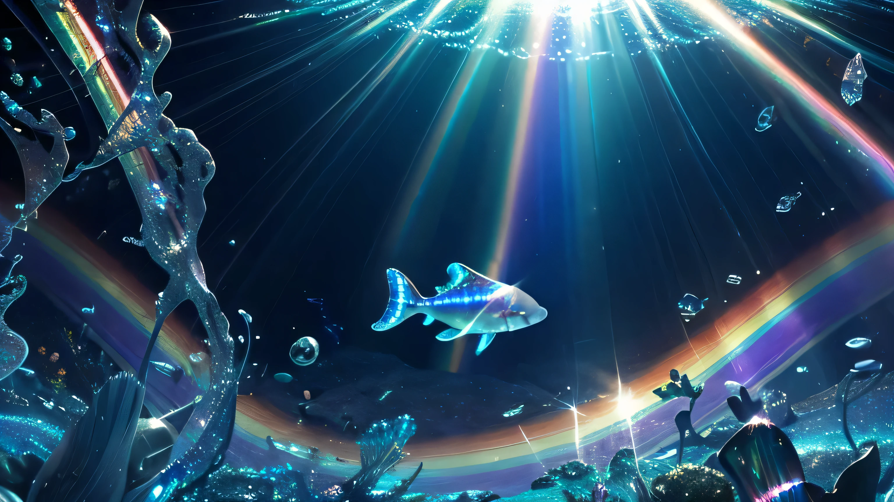 ultra-detailed marine fauna ((with iridescent shine)), sun rays passing through the sea water, at the bottom of the sea, very shiny creatures, (((holographic))), (((rainbow))), glass effect