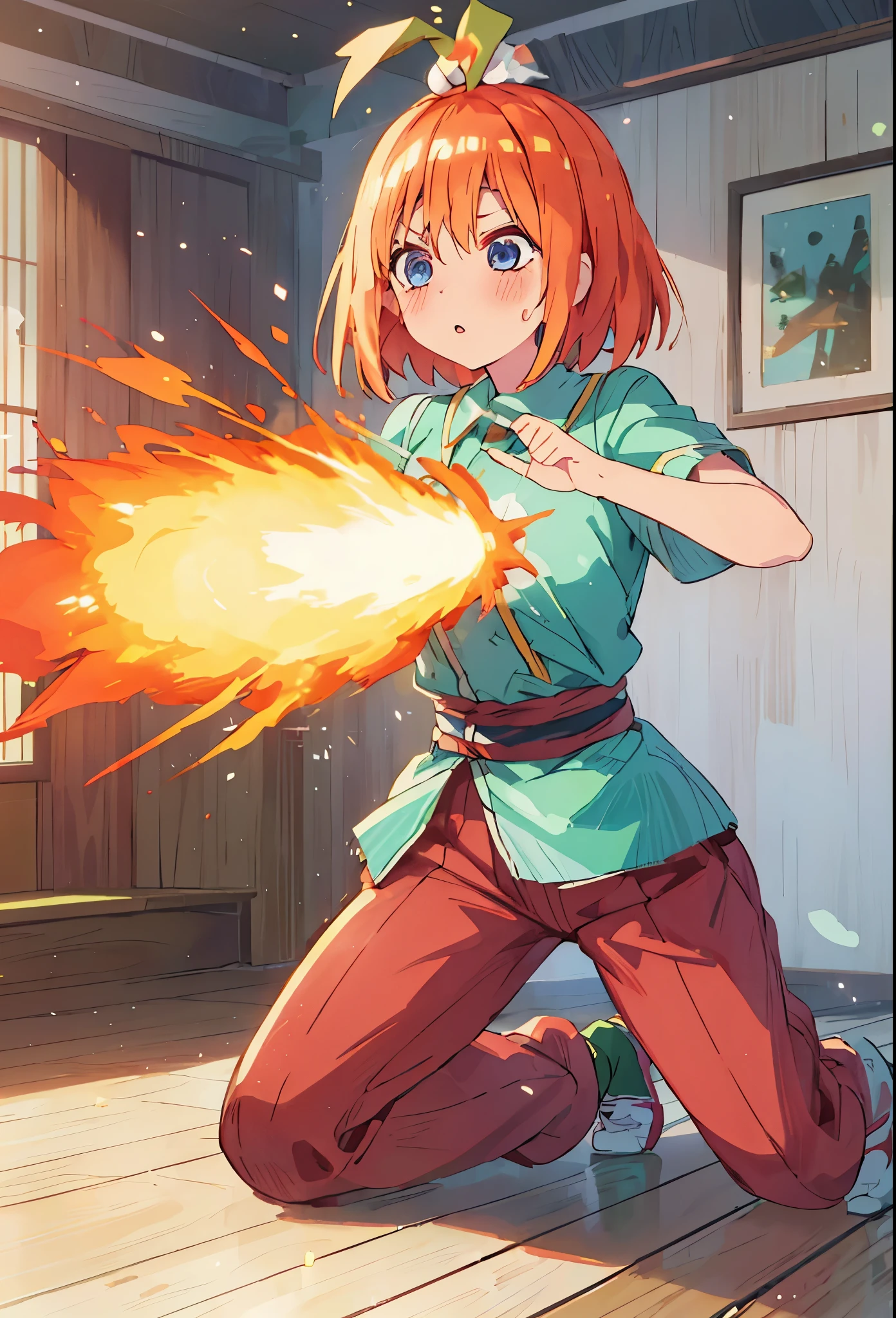 Yotsuba nakano , sneezing, sneezing fire, yotsuba sneezing and a blaze of flame bursts from her nose, short orange hair, bob irange hair, blue eyes, nakano_yotsuba, splendid, iridescent, dynamic pose, moving, excellent character design, full body pose, perfect face, aayotsuba, bangs, firebreath, green ribbon on hair, green ribbon on top of head, cheery face, surprised face, cute face, startled face, 