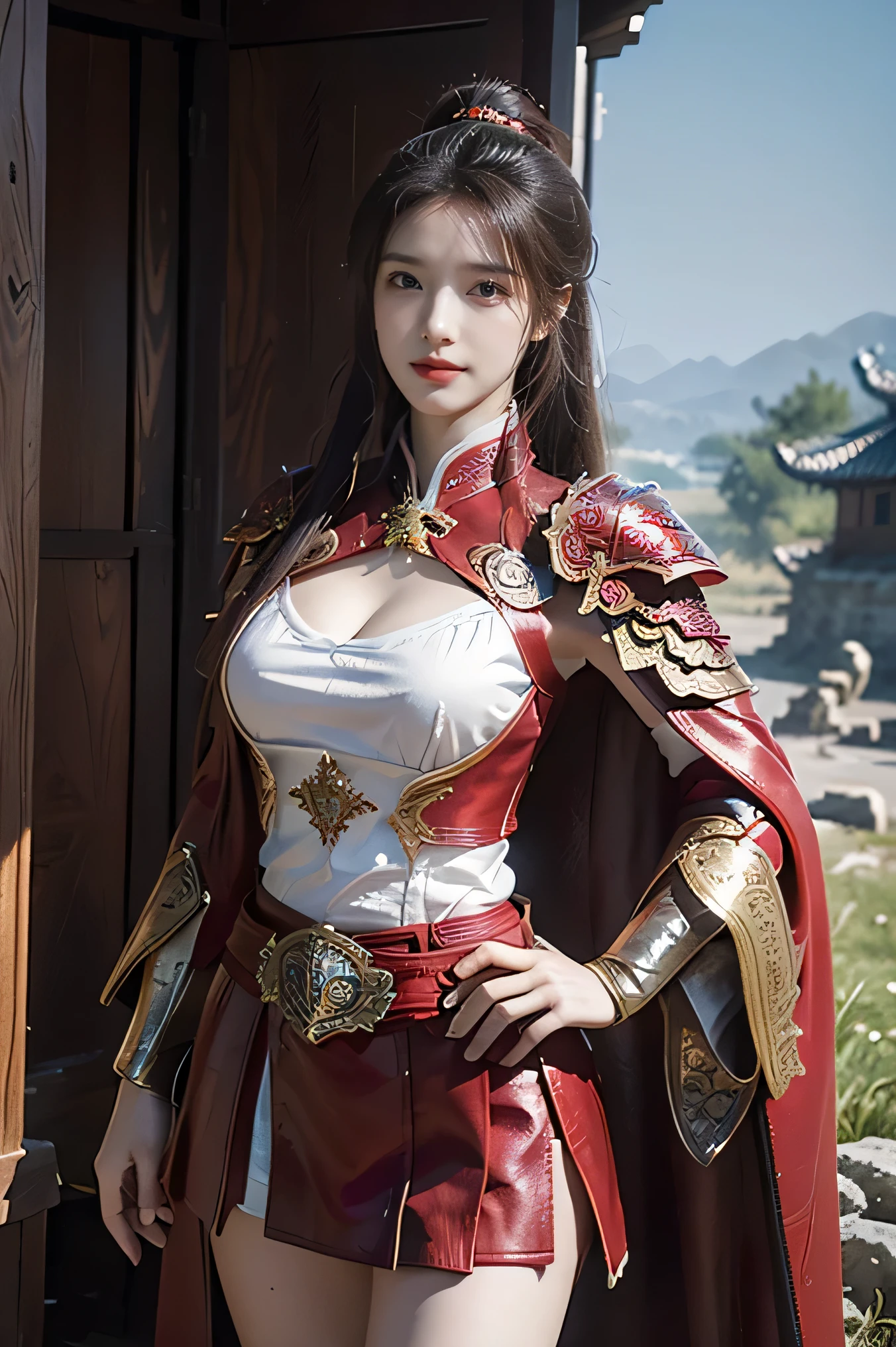 masterpiece，Best quality，A high resolution，8K，Original photo，real photo，Ancient city wall battlefield background,((field：1.8))，digital photography，(Female generals on the battlefield in the Han Dynasty)，(((standing on the battle field)))，18-year-old girl，（long ponytail hairstyle)，cparted lips，Full and erect breasts，Noble and charming，Elegant and serious，(Thick purple fish scale armor），Long red cape，The combination of white metal and red leather，Chest covered with gold armor，metallic luster，Leather buckle，Exquisite pattern，mysterious badge，Cool and gorgeouig breasts))，Chest groove，Three Kingdoms character painting style，Photo pose，oc render reflection texture，bright shades，No shadows on the face，charming smile，Head-up shot，