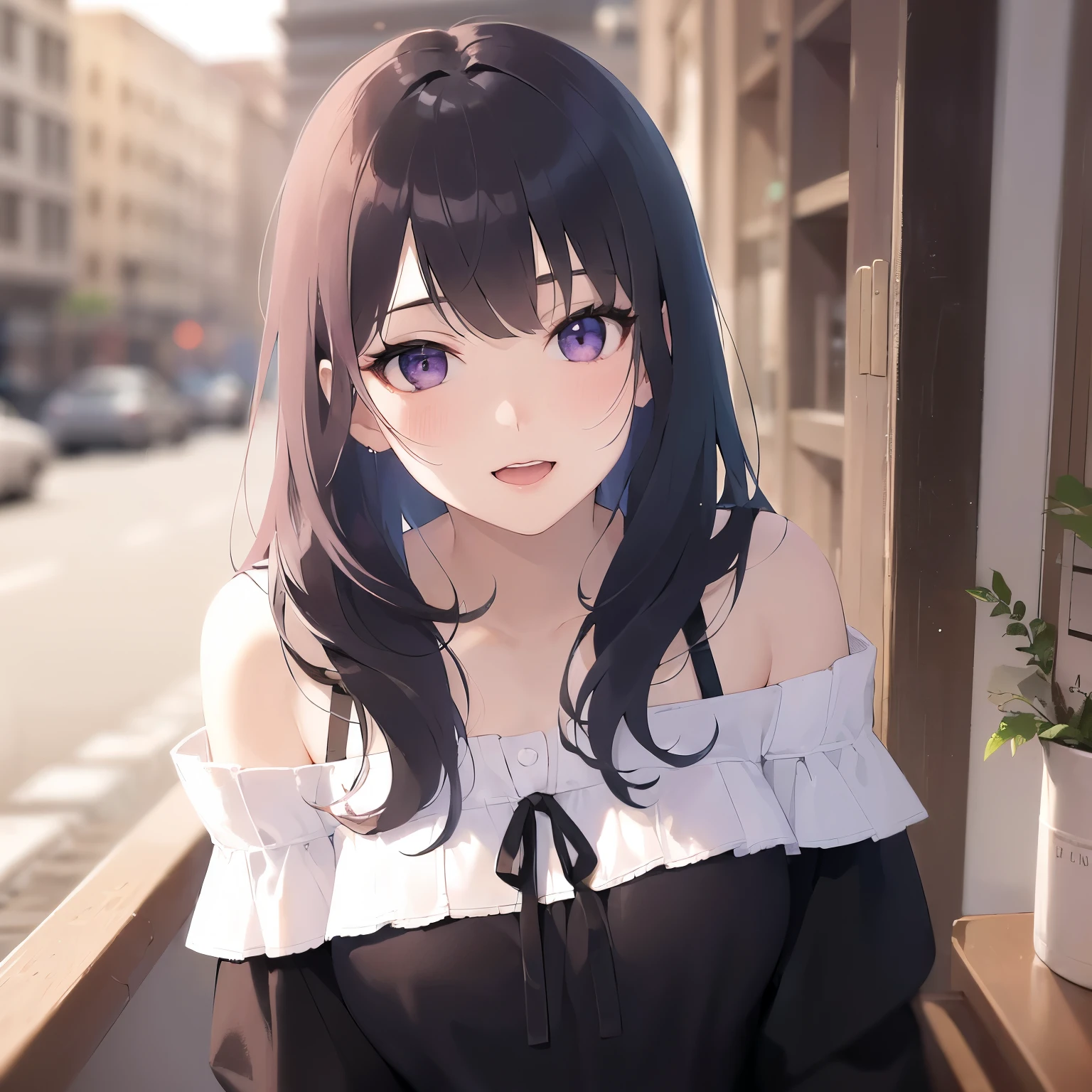 (white off shoulder blouse:1.5), looking up, Upper Body, Realistic, real person, (pale skin: 1.2), RAW photo, photorealistic, portrait photography, shiny skin, japanese idol、shiny hair、(25 year old woman with straight medium hair with bangs) and (black hair) and (purple eyes) , smile, open mouth, (blush:1.3), The background is the interior of the cafe.、Alone、sitting
