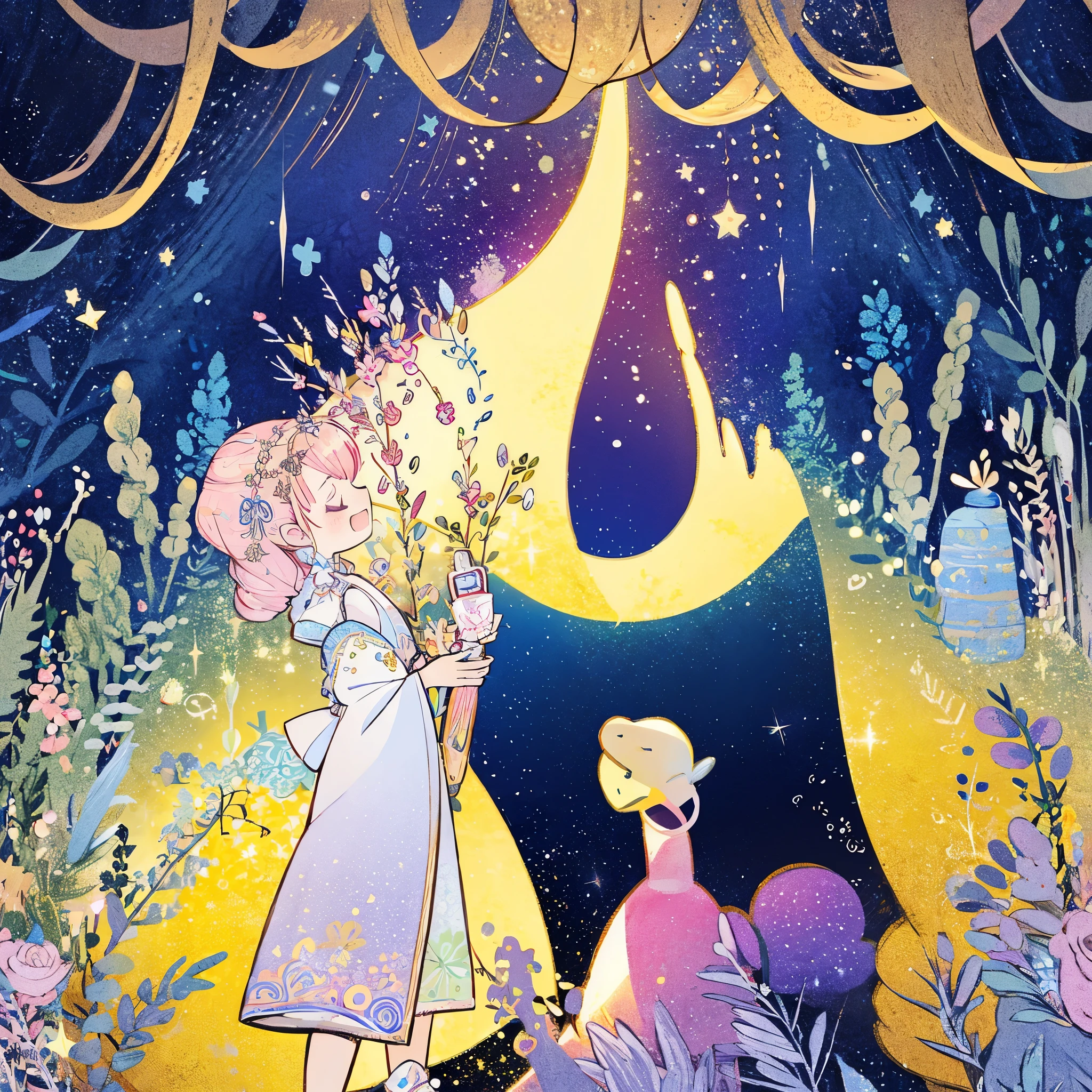 complex background, wishing star background, woman inside of the bottle wearing a ethereal mystical pink traslucent dress that reflects the stars , perfume promo art, mystic,complex drawing, highly detailed, Covergirl brand, promo art,a woman inside of a perfume bottle. artistic rendition, ethereal, starry night, midjourney style