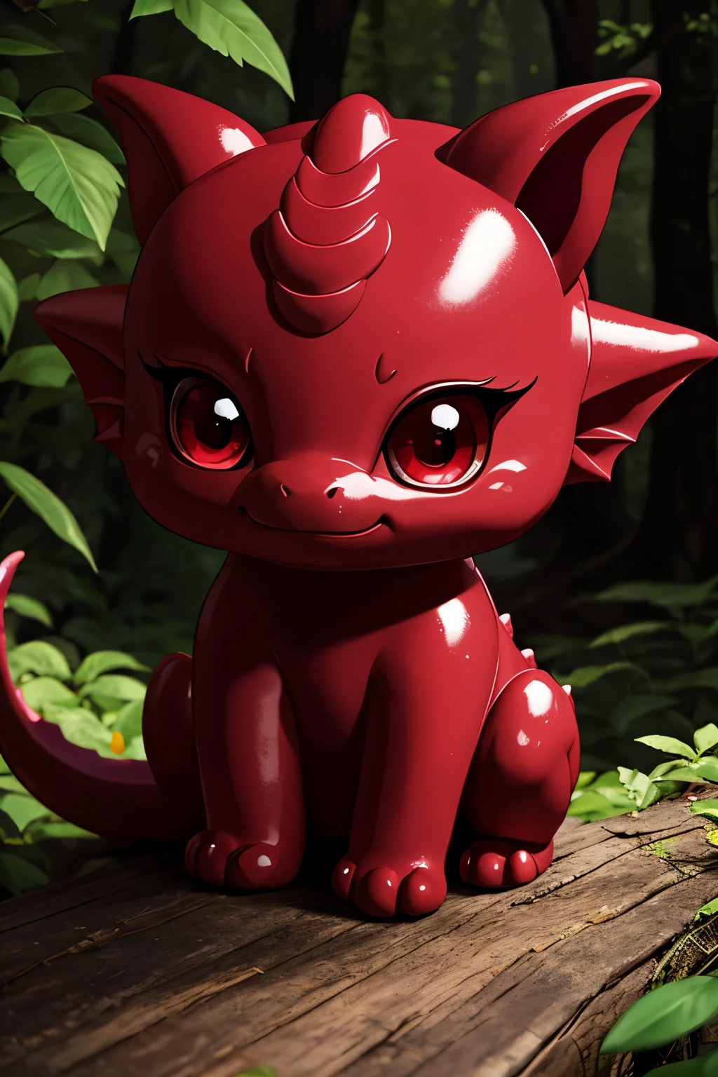 full body picture of a realistic and detailed of a glossy, luminiscent cute ruby that resembles a dragon creature in a forest
