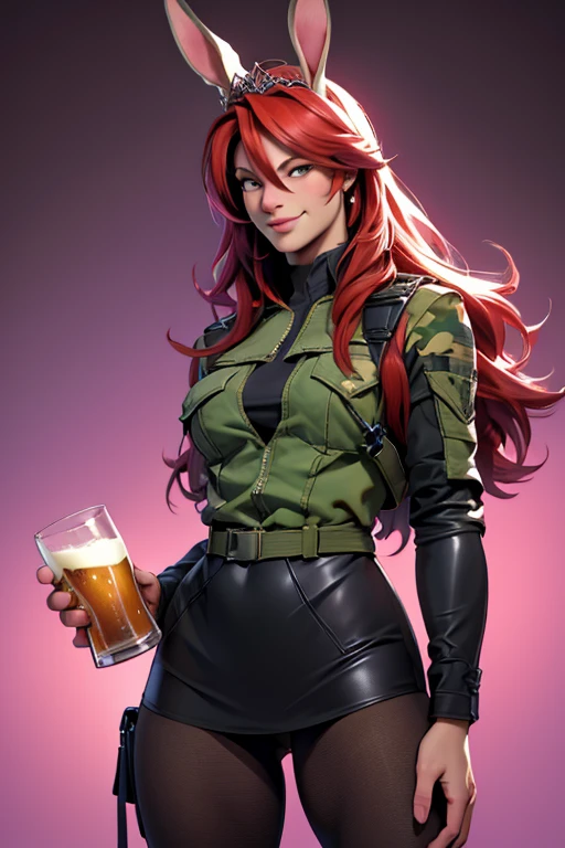 (best quality, 8k, ultra-detailed, realistic:1.37),  black woman wearing a militar camouflage dress,rabbit ears tiara,red hair,fake eyelashes,fleshy lips,looking to observer, little smile,light green pantyhose,Paolo Serpieri Arte, Luis Royo Arte, milo manara arte, Arte de Bernie Wrightson, holding one beer glass, portraits, vivid colors, soft lighting,SCENARIO florish florest background