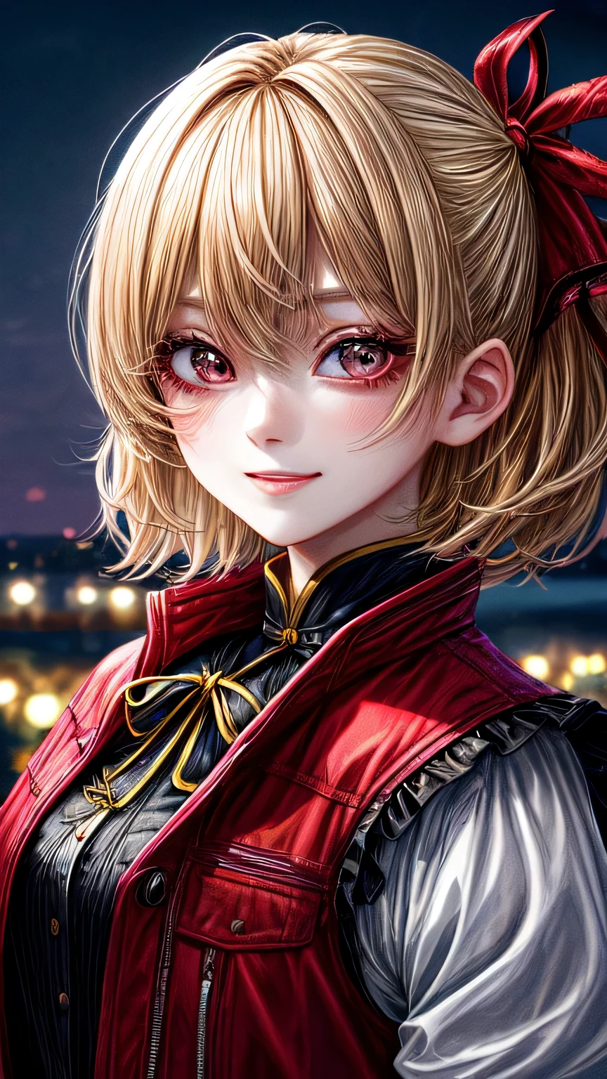 high quality, 最high quality, masterpiece, disorganized, red_Jacket, ribbon, black_eye, blonde_hair, short_hair, hair_ribbon, smile, 1 girl, torn clothes, Cloth, Dense and beautiful black eyes, beautiful detailed lips, Highly detailed eyes and face, long eyelashes, detailed face, masterpiece, 最high quality, high quality, High resolution, (moonlit night background), Click here for eye line、(((Portrait)))