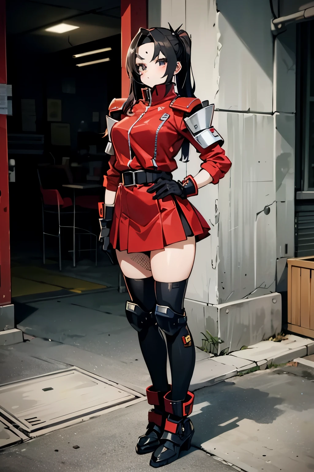 1Girl, Heavily red and white thick armor, gloves, skirt, heavy black cybernetic boots, heavy cybernetic Red with white trim arms with Black Bracelets, heavy cybernetic red torso with mblack jacket, black waist belt, red waist band, megamanX red and white heavy armor, long black pony tail, red and black trim aviator goggles on forehead, heavy thick black hair, metallic red skirt, large Black jacket, red armor with white trim, wearing biker jacket, wearing thick/wide black wristbands, punk pose, hands near hips, two-tone white and red gloves, long black/brown ponytail, big jacket (Full body photo:1.5)