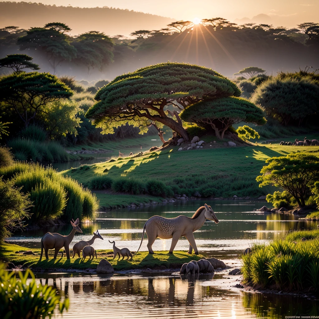 (best quality,4k,8k,highres,masterpiece:1.2),ultra-detailed,(realistic,photorealistic,photo-realistic:1.37), vivid colors, HDR, studio lighting, extreme detail description, professional, bokeh, vibrant, striking, colorful animals, fantasy creatures, enchanting wildlife, magnificent wildlife scenery, magical animals, exotic animals, wonderland of animals, magical creatures, captivating animal kingdom, breathtaking animal portraits, dazzling animal display, surreal animal world, whimsical animal paradise, kaleidoscope of colors, animals in vibrant hues, explosion of colors, animals in vivid palettes, animals in radiant colors, animals in striking shades, mushroom animals, creatures made of mushrooms, mushroom-inspired beings, animals with mushroom patterns, fantastical mushroom creatures, mushroom wildlife, mushroom-infused animals, majestic crocodiles, graceful impala, majestic elephants, crocodiles in the wild, impala roaming free, elephants in their natural habitat, African plains, evening pond, animals gathering for a drink, animals quenching their thirst, animals in a peaceful oasis, serene twilight scene, tranquil African landscape, mesmerizing reflections, ethereal atmosphere, soft golden light, dramatic silhouettes, serene water surface, magical twilight colors, tranquil ambiance.
